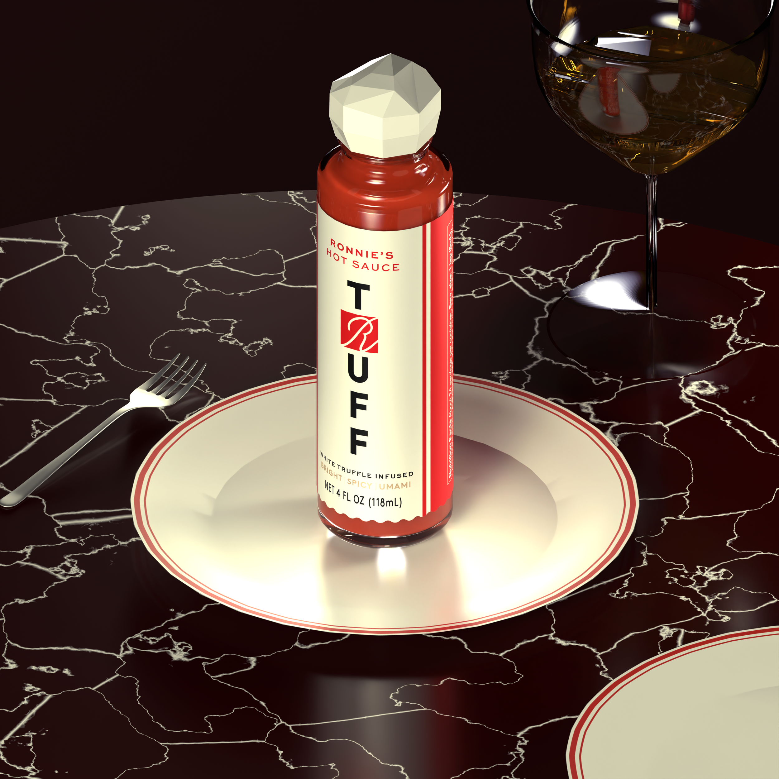 A bottle of hot sauce labeled 'Ronnie's Hot Sauce' on a white plate with a checkered design, accompanied by a fork and knife, with a glass of liquid beside it, set on a dark table with a lightning pattern.