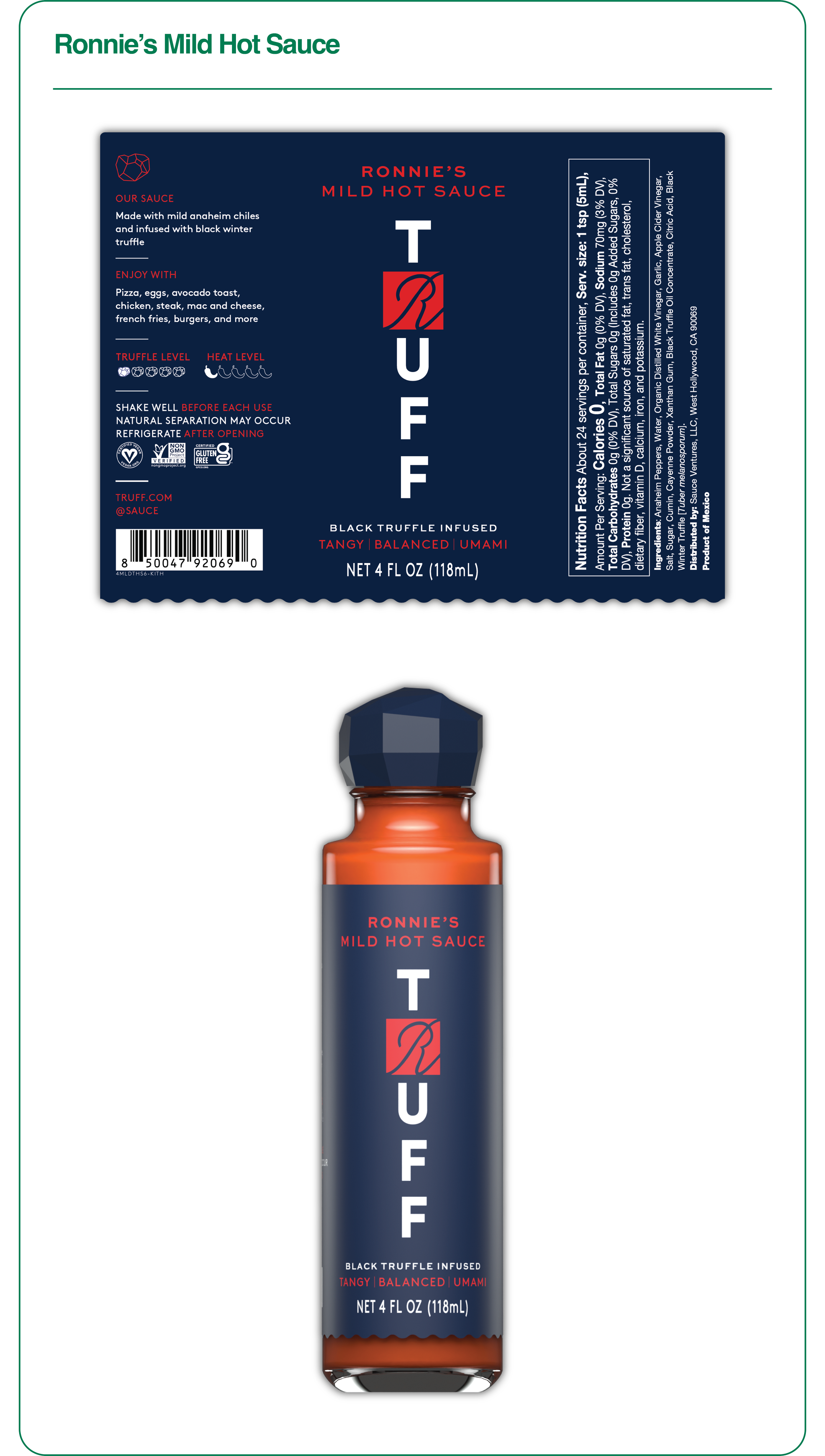 A bottle of Ronnie's Mild Hot Sauce with black truffle infusions, red and navy label, and a box showing product description and nutritional information.