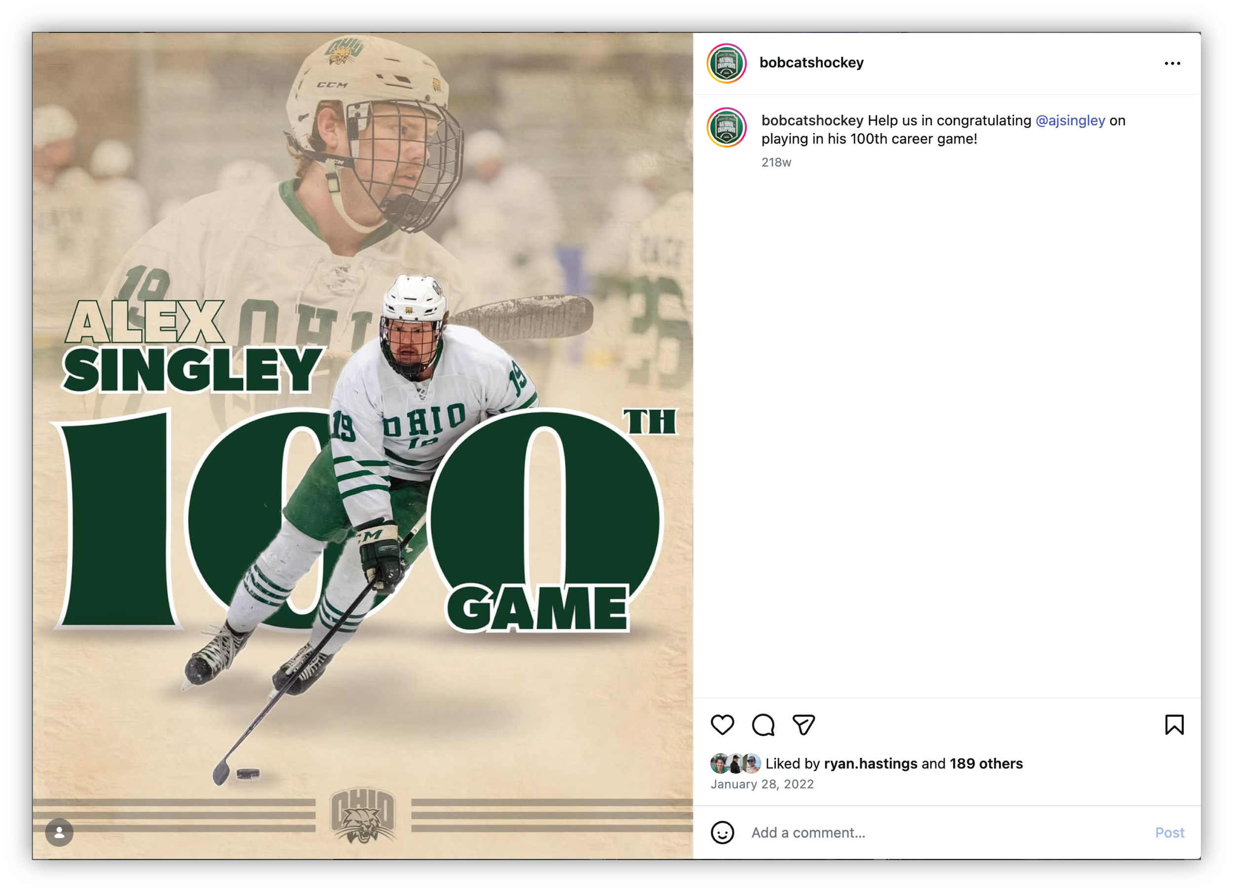 A hockey player in a white Ohio uniform skating with a puck on the ice, with large text overlay celebrating Alex Singley's 100th game.