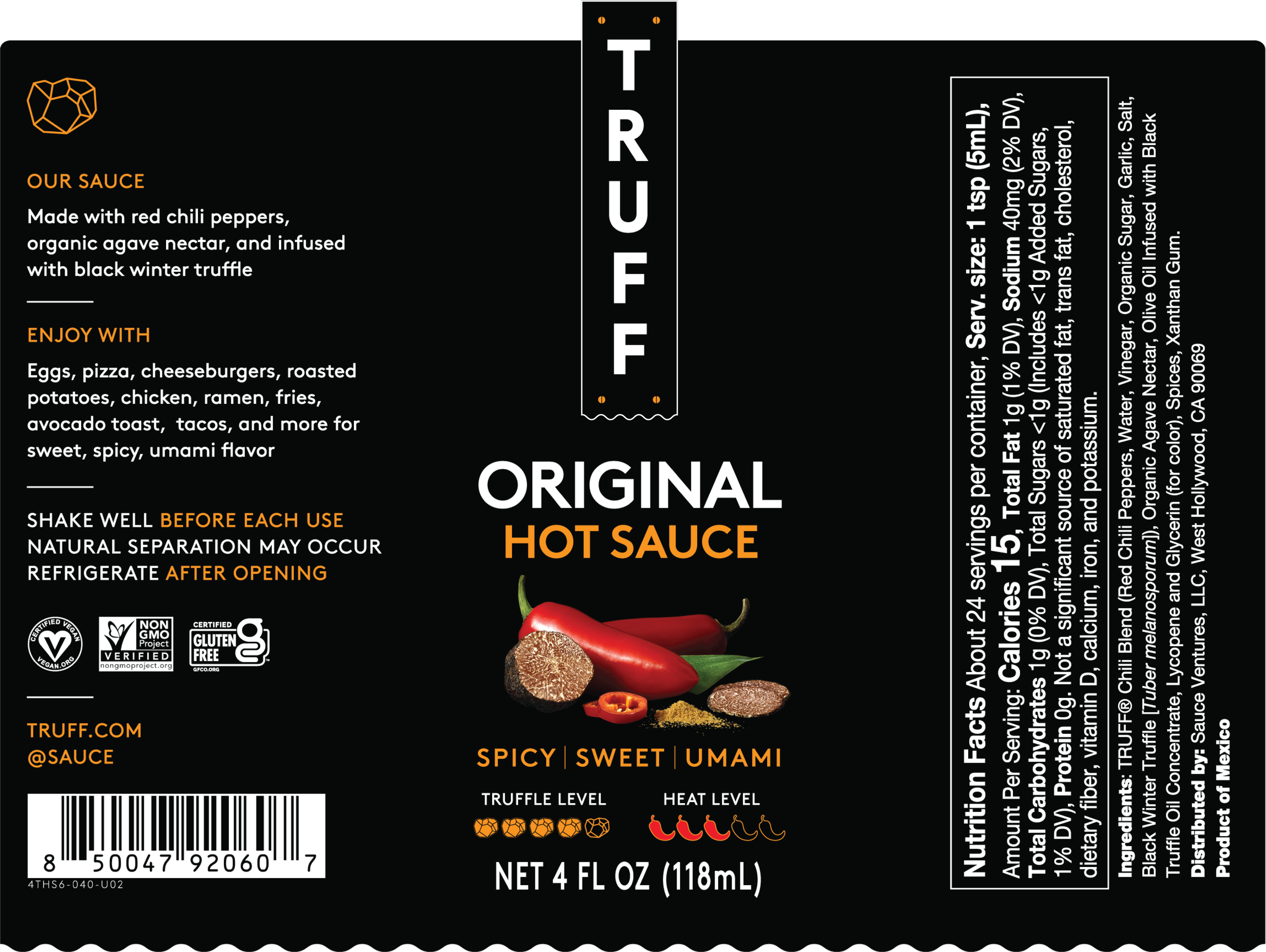 Black label with white and orange text for 'Original Hot Sauce' by Truff, featuring a red chili and truffle image, with information on ingredients, flavor profile, spicy and sweet levels, and nutrition facts.
