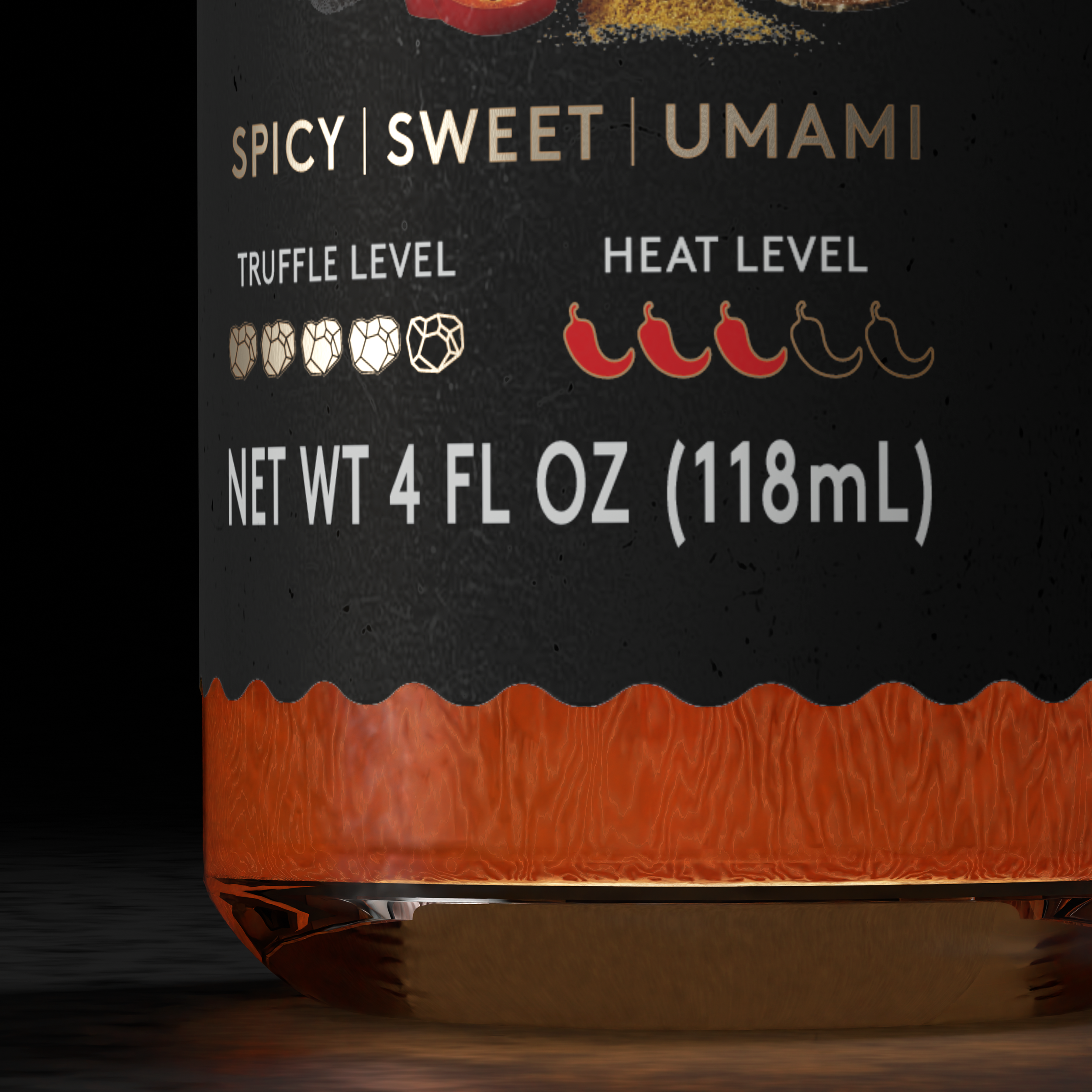 Close-up of a food product label indicating spiciness levels, with icons of chili peppers, truffle level, and net weight of 4 fluid ounces (118 milliliters).