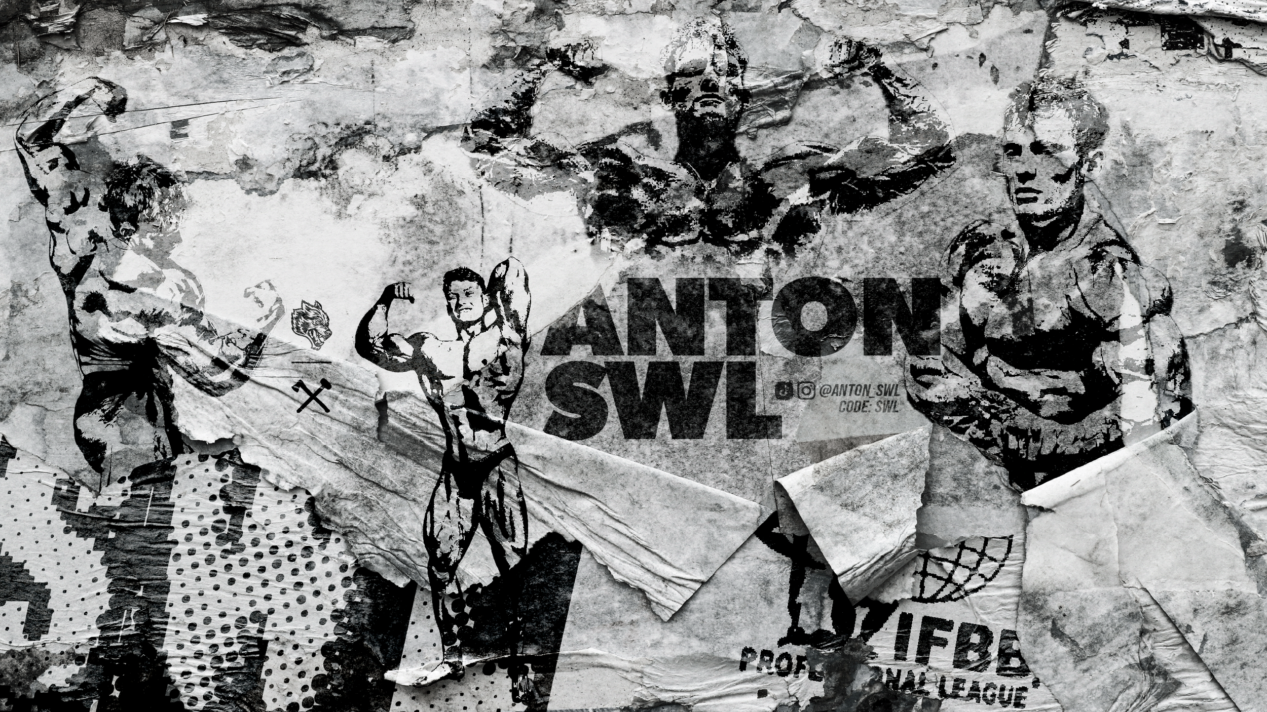 A torn black-and-white poster on a wall featuring athletic figures, including a swimmer and a cyclist, with text that includes 'ANTON SWL' and social media handles.