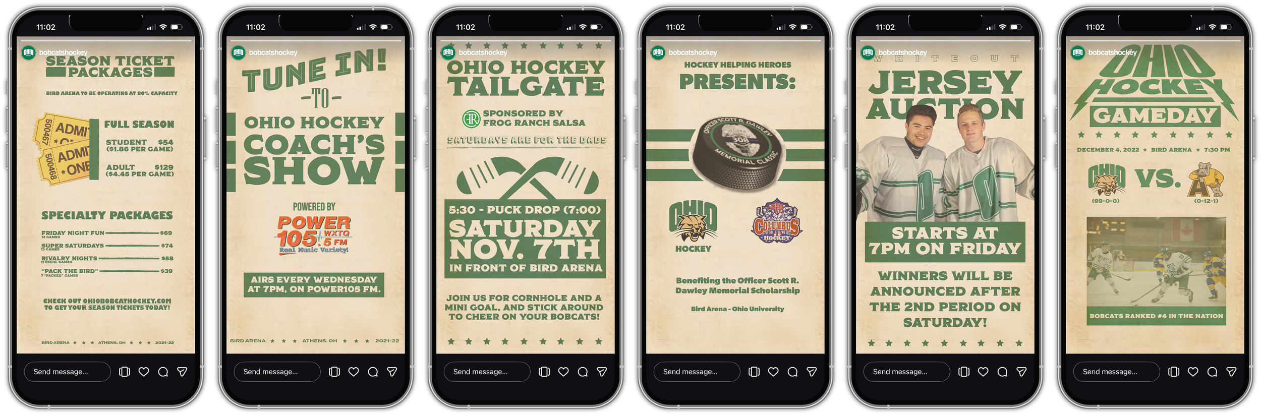 Series of five mobile screenshots promoting Ohio hockey events and merchandise, including season ticket packages, a coaches' show, a tailgate event, a scholarship benefit, and a game day, all featuring green and beige themed graphics.