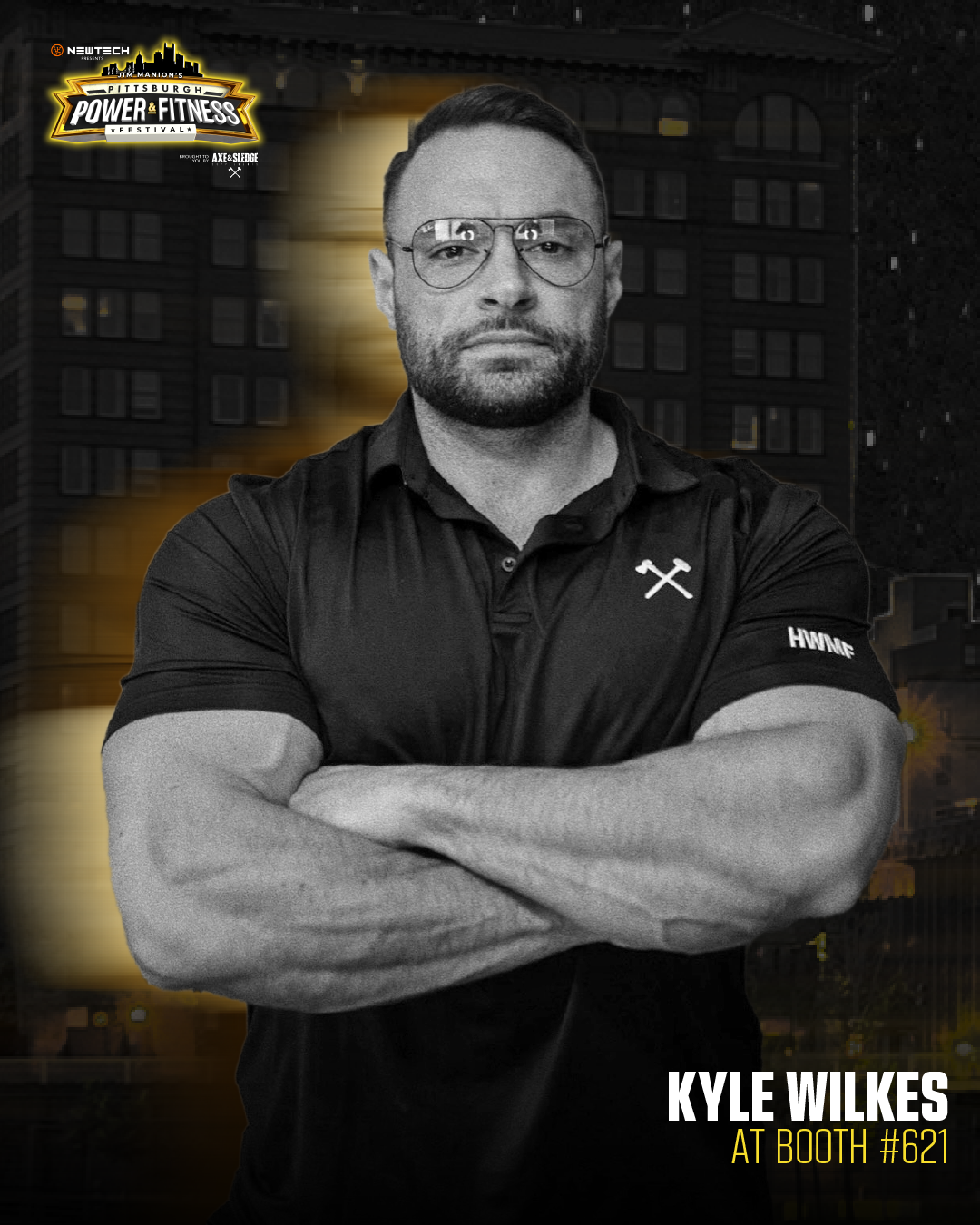 Black-and-white photo of Kyle Wilkes with arms crossed, wearing glasses and a black polo shirt with fitness-related patches, standing in front of a cityscape background, with event details and booth information in the corner.