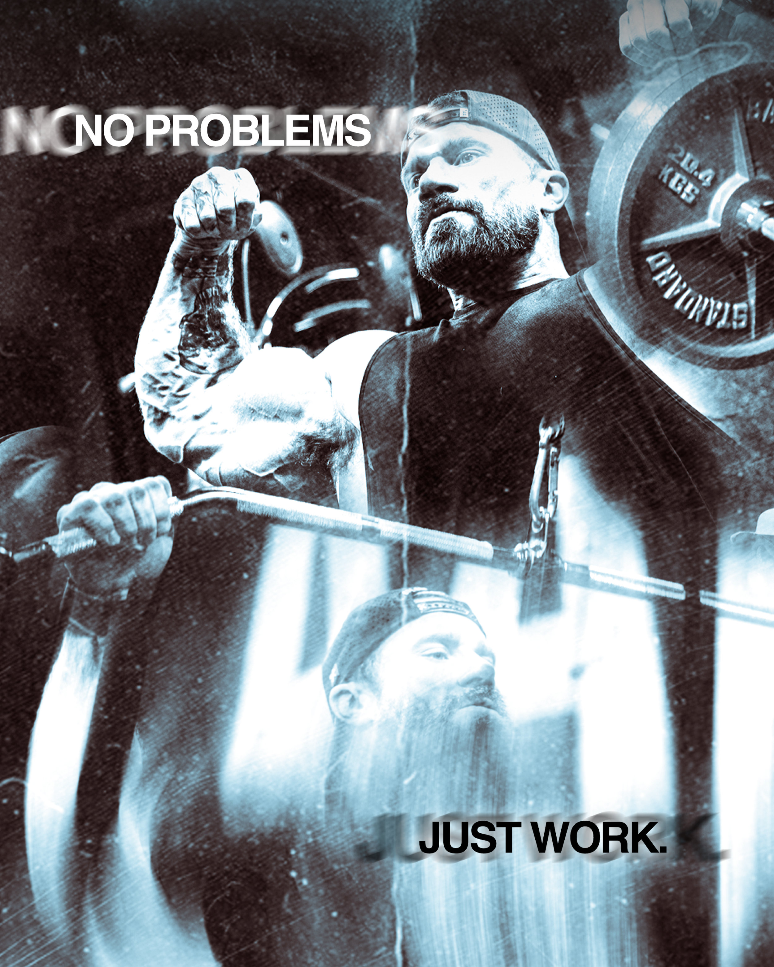 A muscular man lifting a barbell with weights in a gym, wearing a backward cap, with the text 'NO PROBLEMS JUST WORK.'