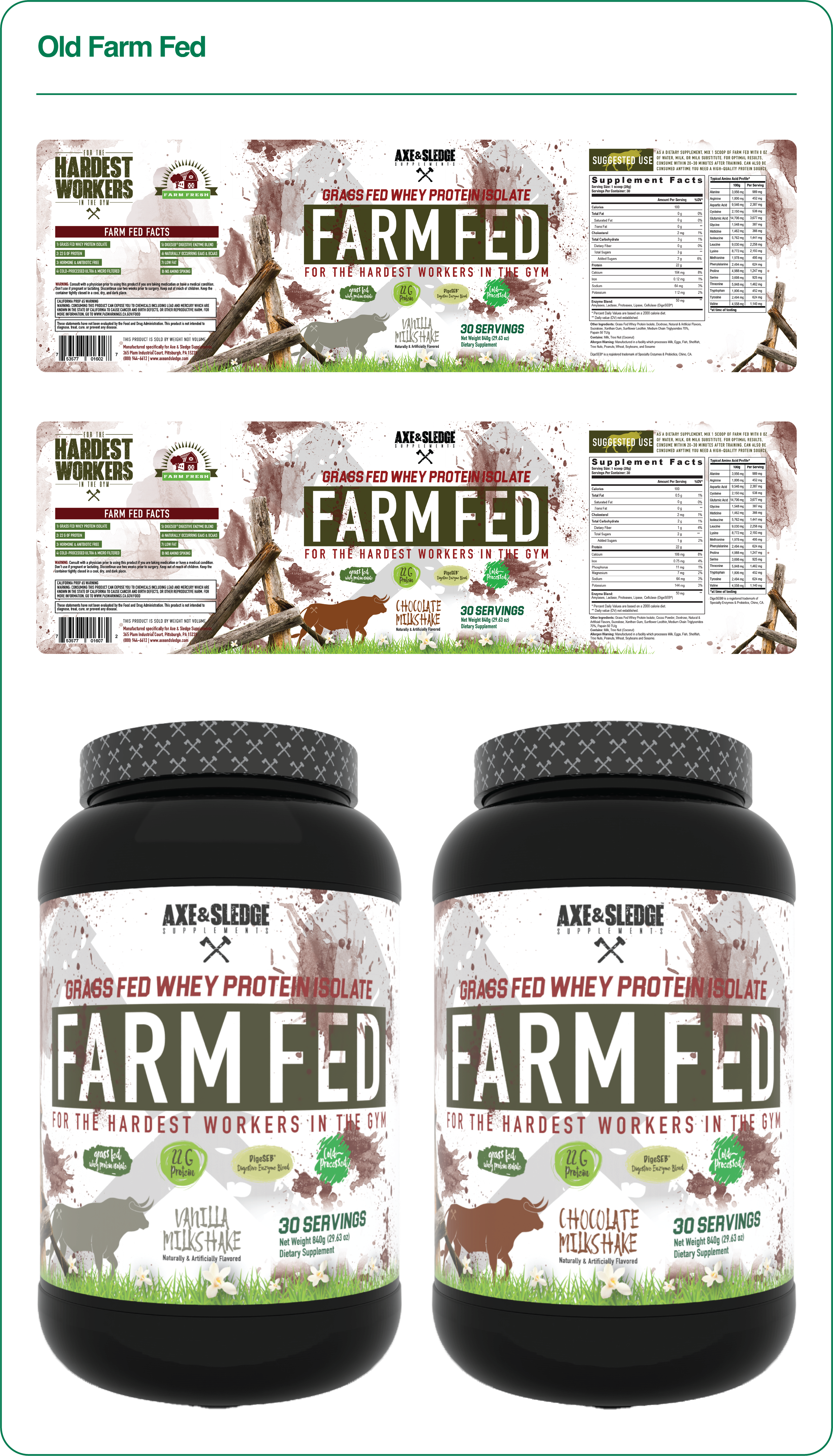 Two black containers of Axe & Sledge Fertilizer supplements, one labeled vanilla milkshake flavor and the other chocolate milkshake flavor, placed at the bottom of the image. Above, two packages of grass-fed whey protein isolate labeled "Farm Fed," with a farm-themed design, green grass, and a cow silhouette, indicating they contain 30 servings each and are flavored vanilla and chocolate respectively.