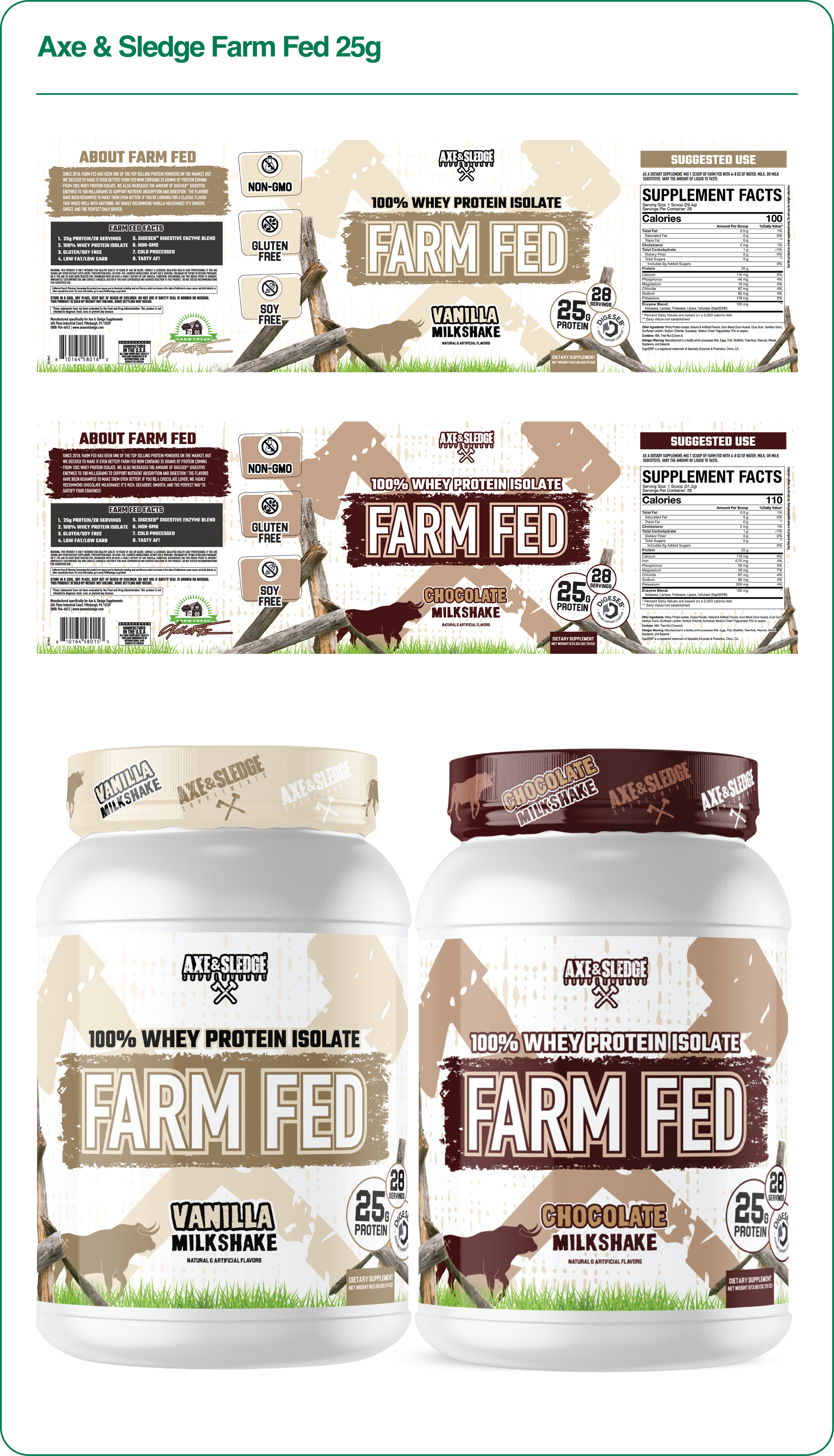 Two containers of AXE & SLEDGE FARM FED protein powder, one vanilla flavor and one chocolate flavor, with green grass and cow silhouettes on their labels.