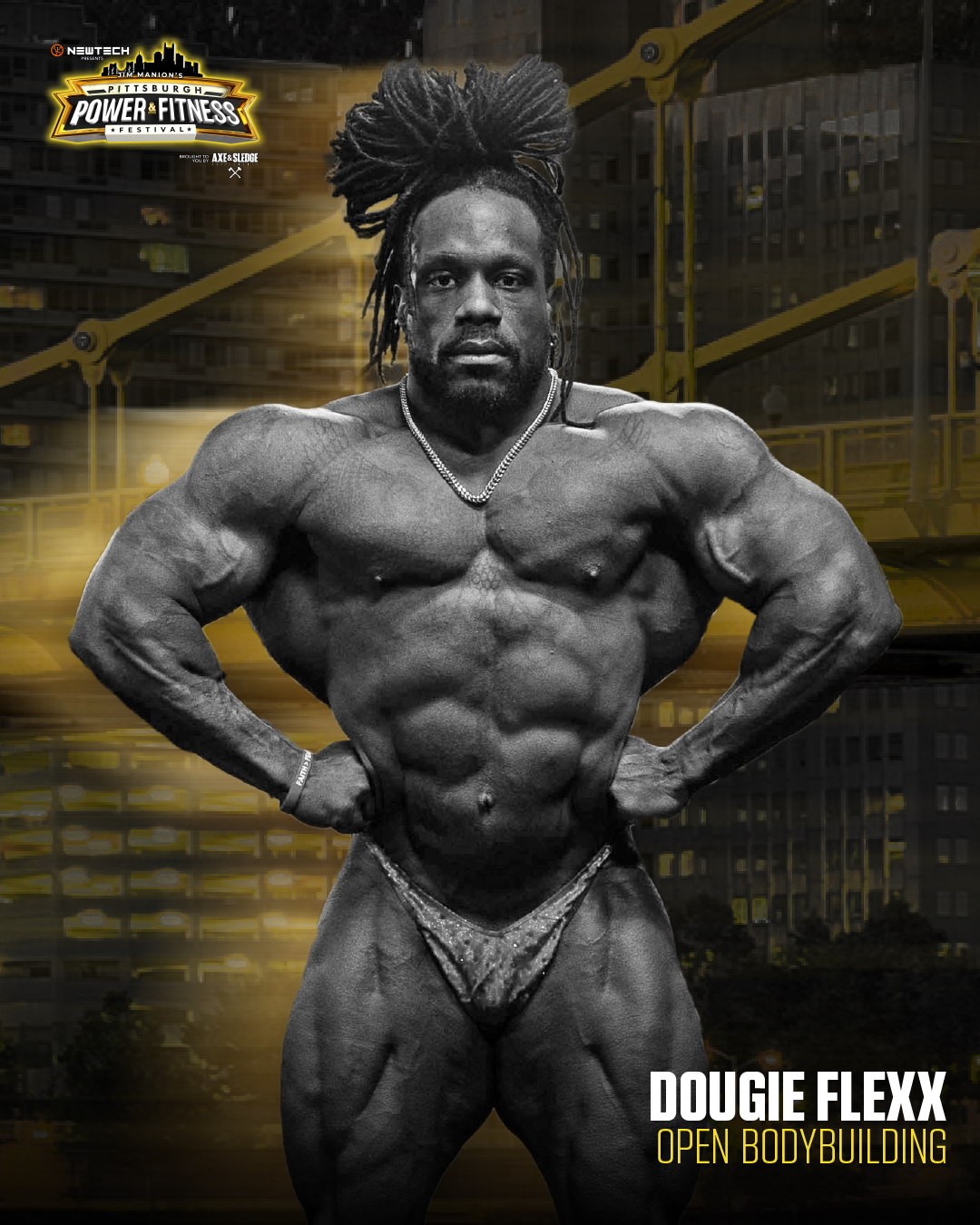 A muscular man with dreadlocks posing with his hands on his hips in a bodybuilding competition, with a cityscape background and event logo in the top left corner.