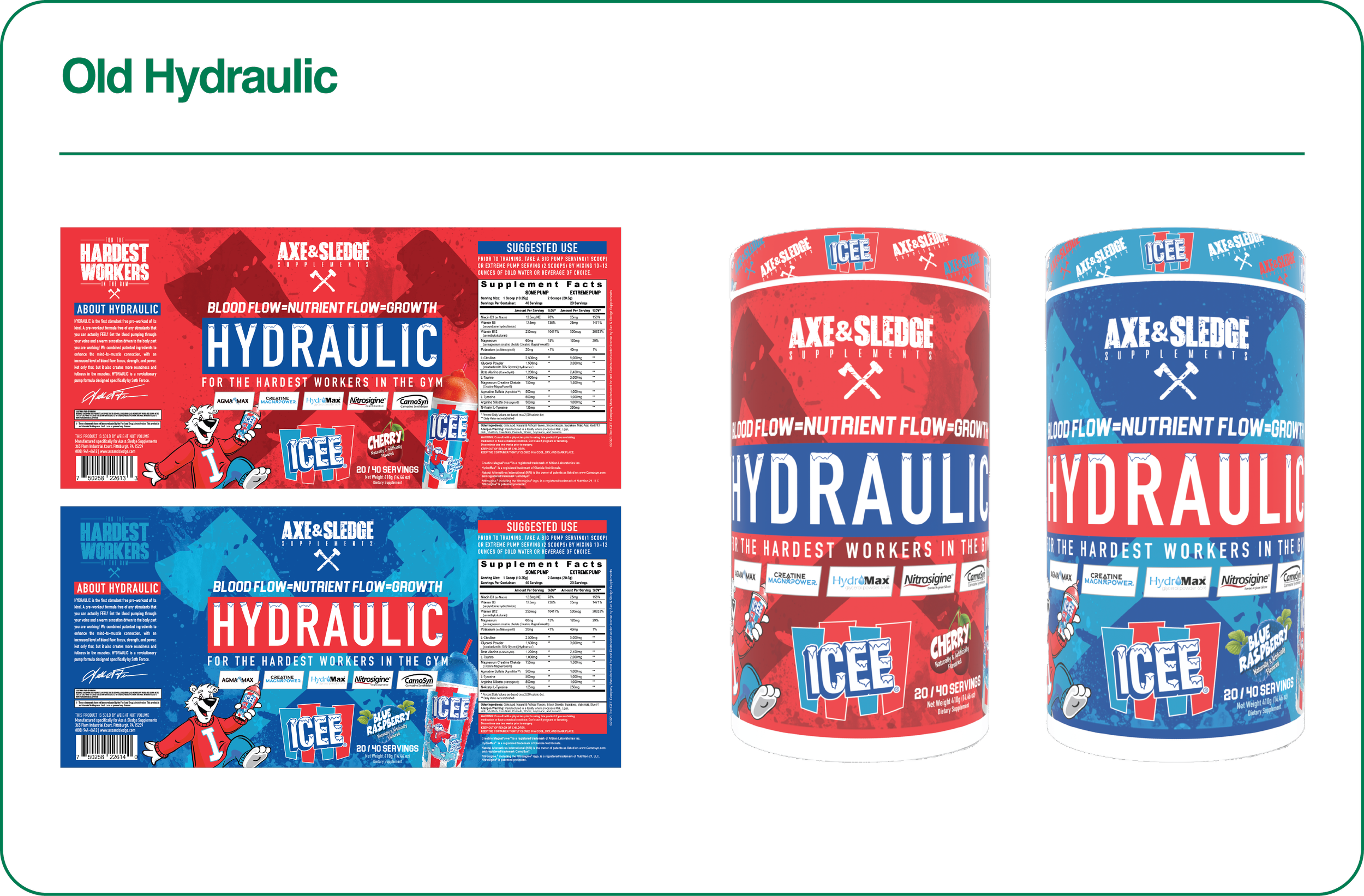Comparison of two AXE & SLEDGE hydration supplement products, one in red packaging labeled "ICEE" with cherry flavor, and one in blue packaging labeled "ICEE" with blueberry raspberry flavor. The image includes product labels, powder containers, and promotional graphics.