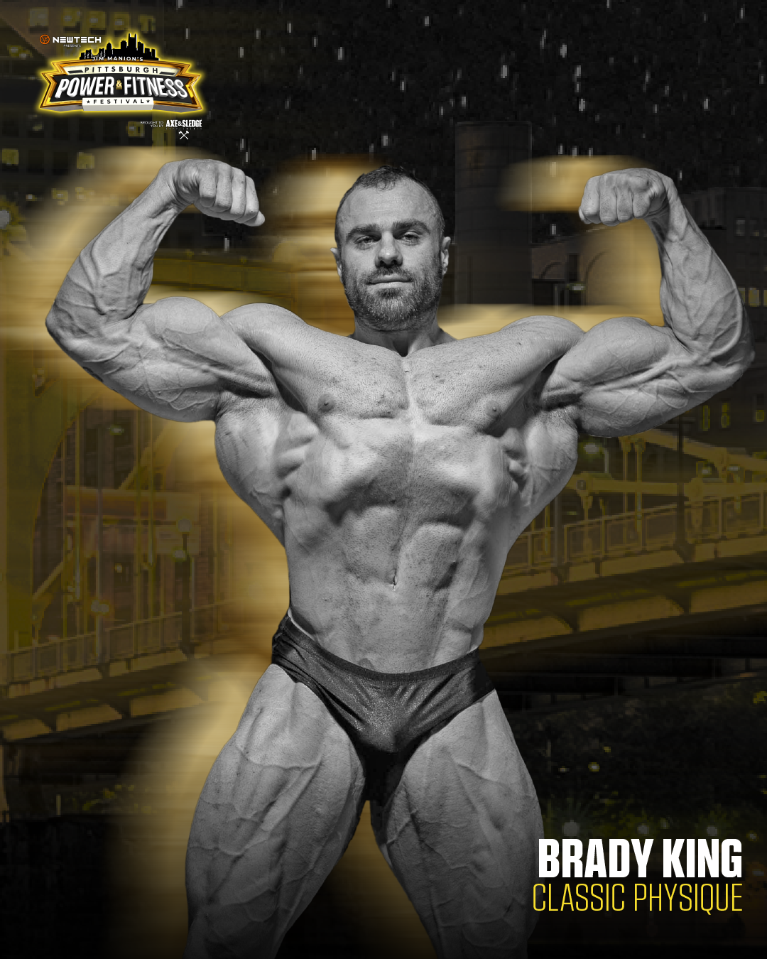 Black and white photo of a muscular man flexing his biceps with a cityscape background and the text "Brady King Classic Physique".