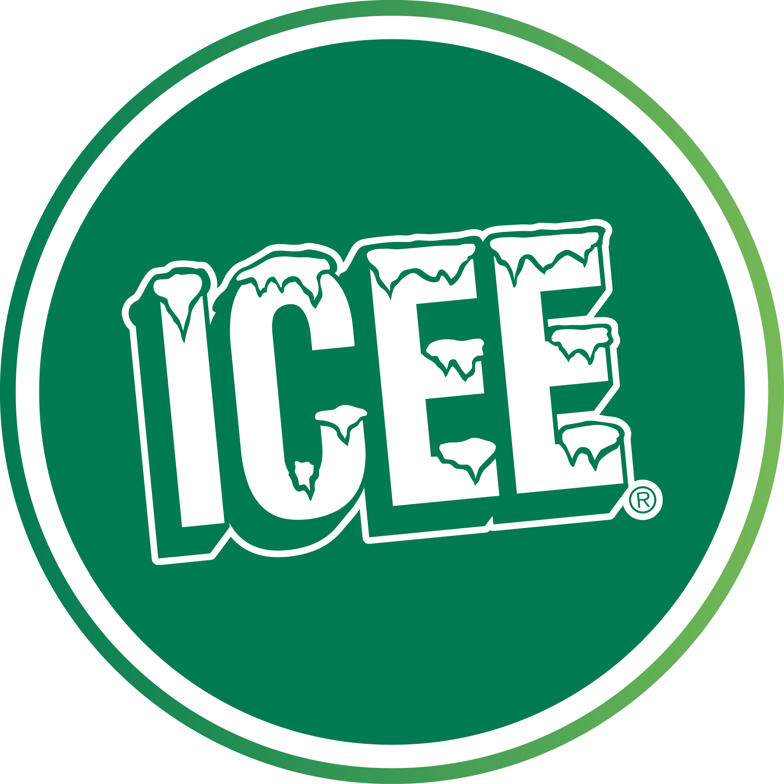 Ice logo in green circle with white icy letters