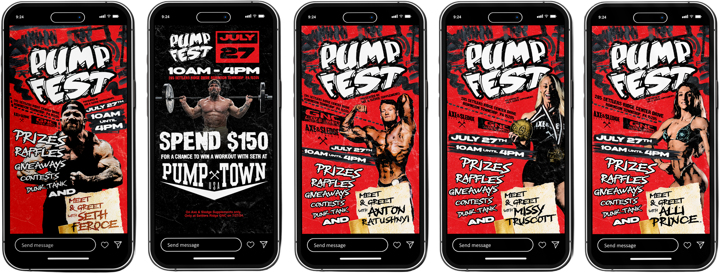 Event poster for Pump Fest on July 27th from 10 am to 4 pm at Settlers Ridge GNC, featuring prize giveaways, raffles, contests, and a dunk tank, with meet and greet sessions with fitness personalities Seth Feroce, Anton Ratushniy, Missy Truscott, and Alli Prince.