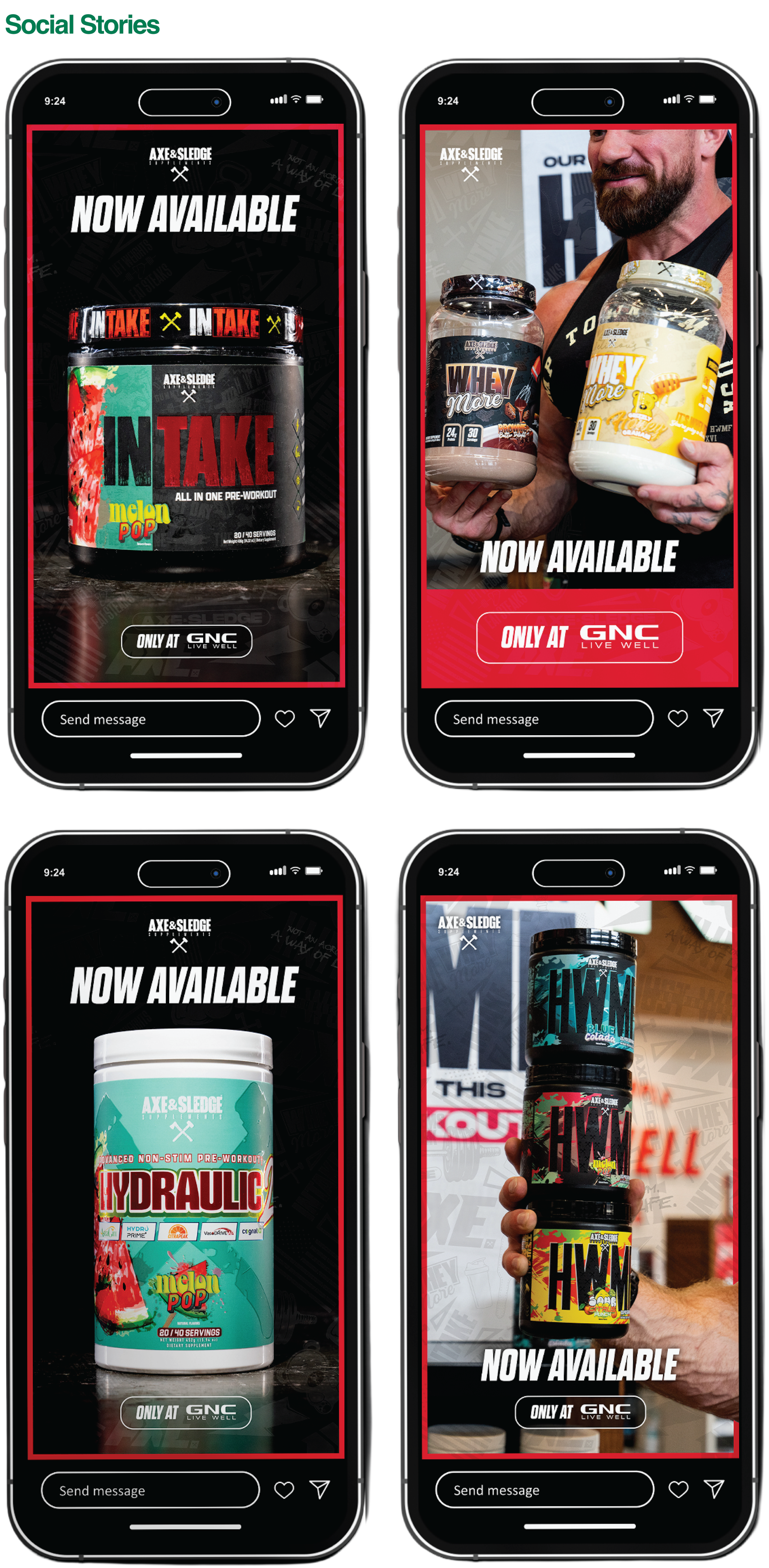 Four smartphones displaying advertisements for AXE & SLEDGE supplements, including pre-workout, whey protein, hydralic, and energy products, available exclusively at GNC.
