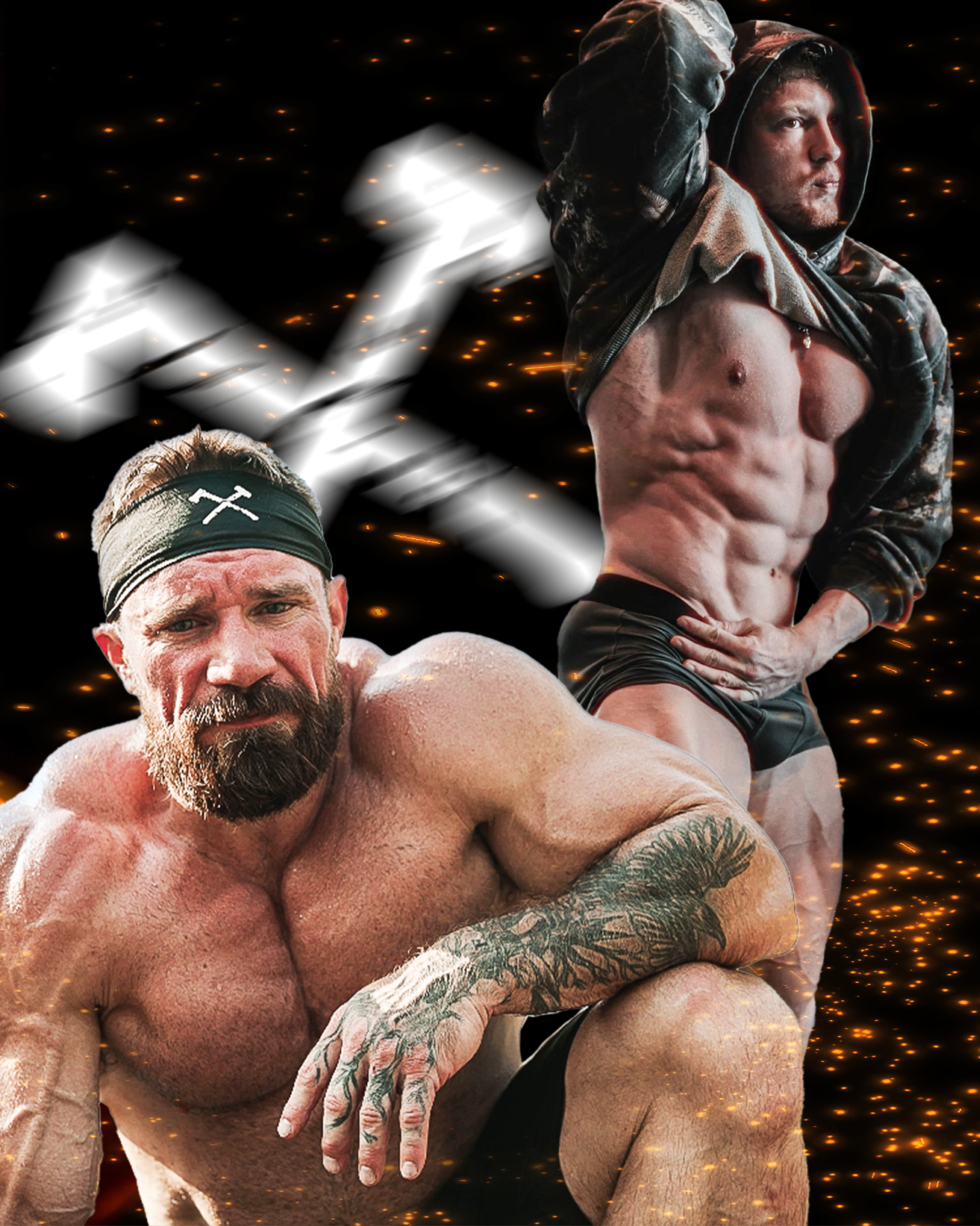A muscular man with tattoos and shaved hair engaged in a wrestling move.