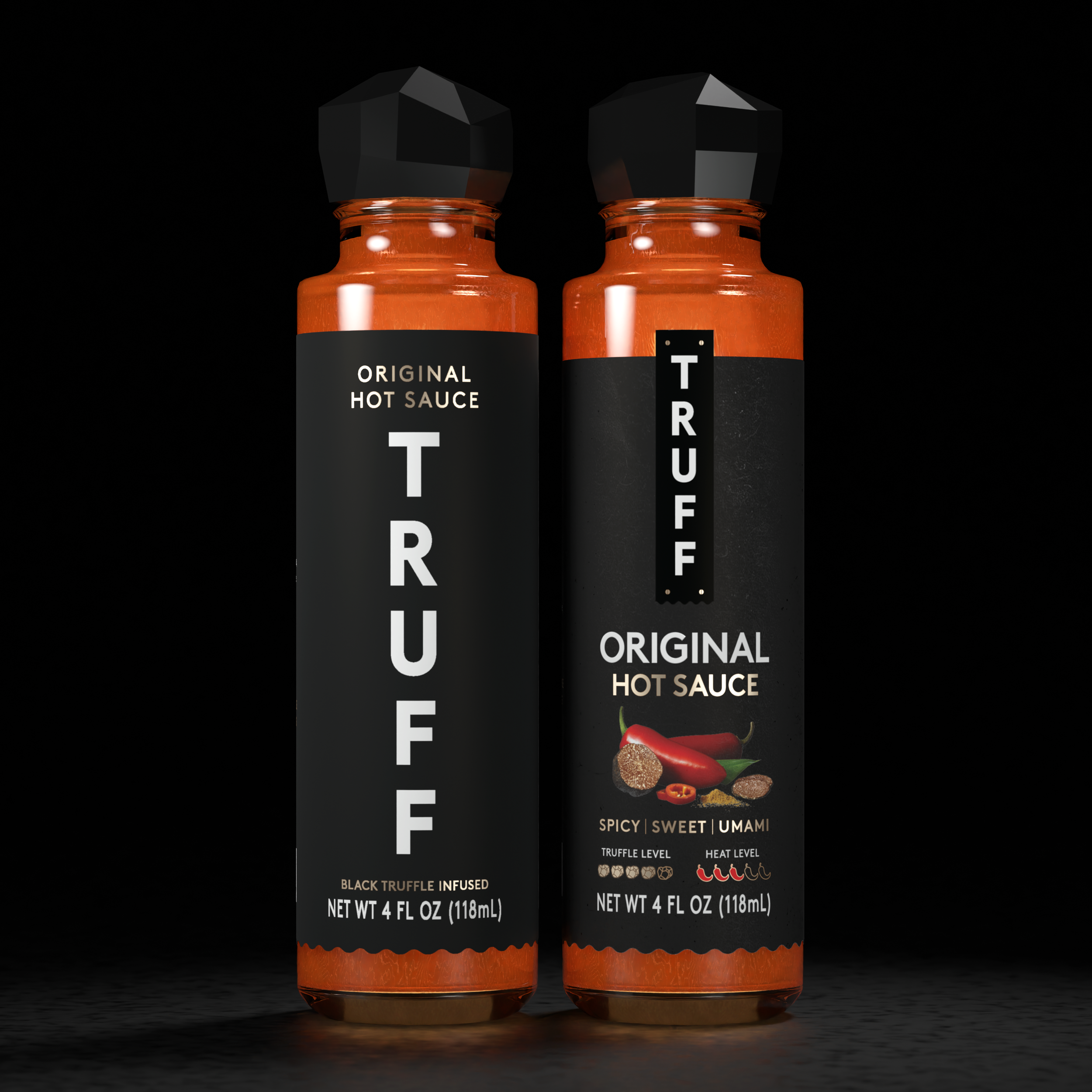 Two bottles of Truff original hot sauce, one with a black label and the other with a black label featuring a picture of red chili peppers and truffles, set against a black background.