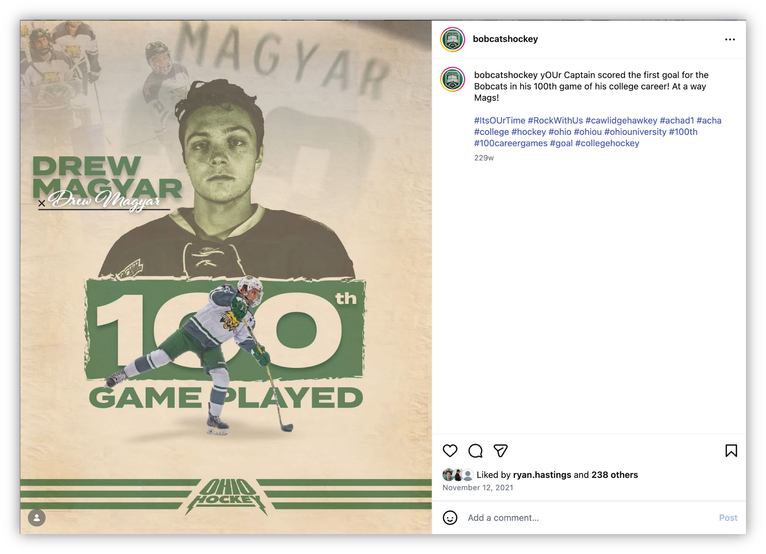 A collage celebrating Drew Magyar's 100th college hockey game, featuring a portrait of Drew Magyar, a hockey player in action, and text indicating his milestone. The background is beige with green accents, including the Ohio hockey logo.
