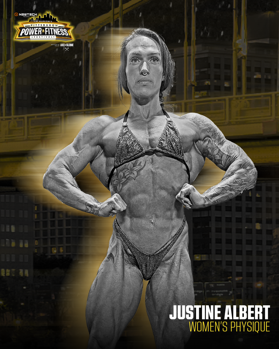 Female bodybuilder posing at Pittsburgh Power & Fitness Festival, showing muscular physique and tattoos, with a cityscape background.
