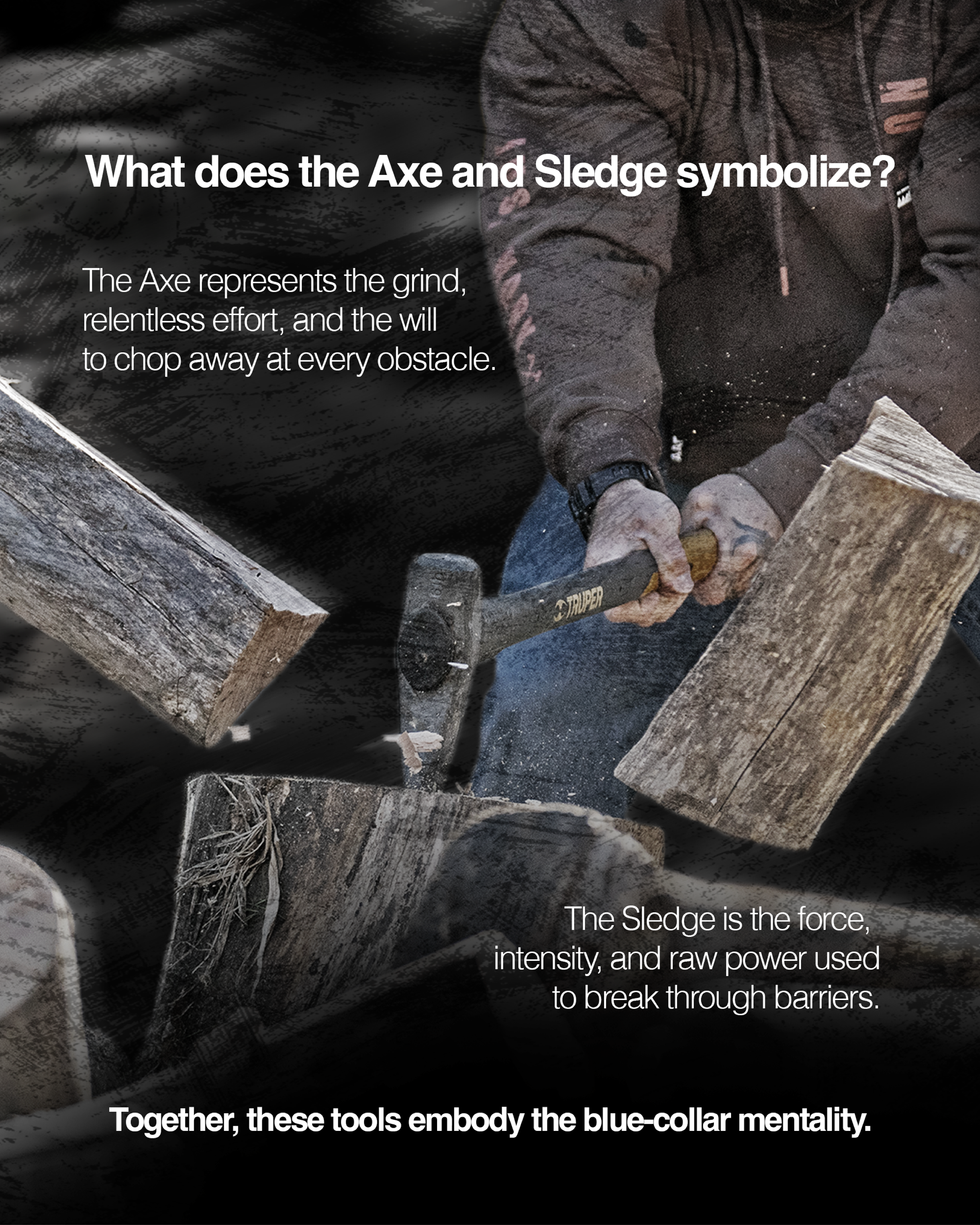 A person cutting wood with an axe in a close-up shot, wearing a dark hoodie and wristwatch, with wooden logs around. The image contains overlaid text discussing the symbolism of the axe and sledge.