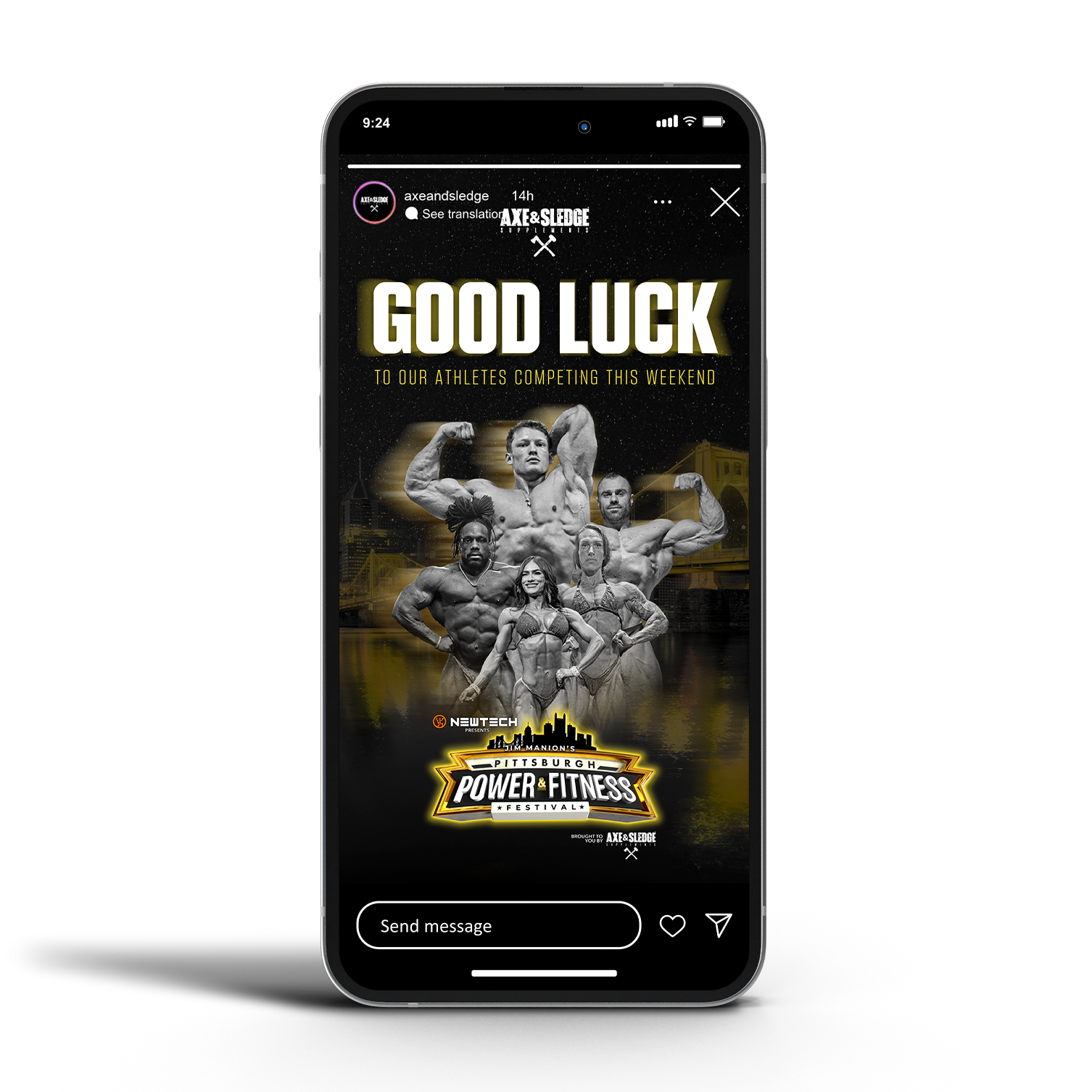 A promotional poster on a smartphone screen for a Power and Fitness festival, featuring muscular athletes and a skyline background. The poster includes the message 'Good Luck to our athletes competing this weekend,' with the event details and sponsors.