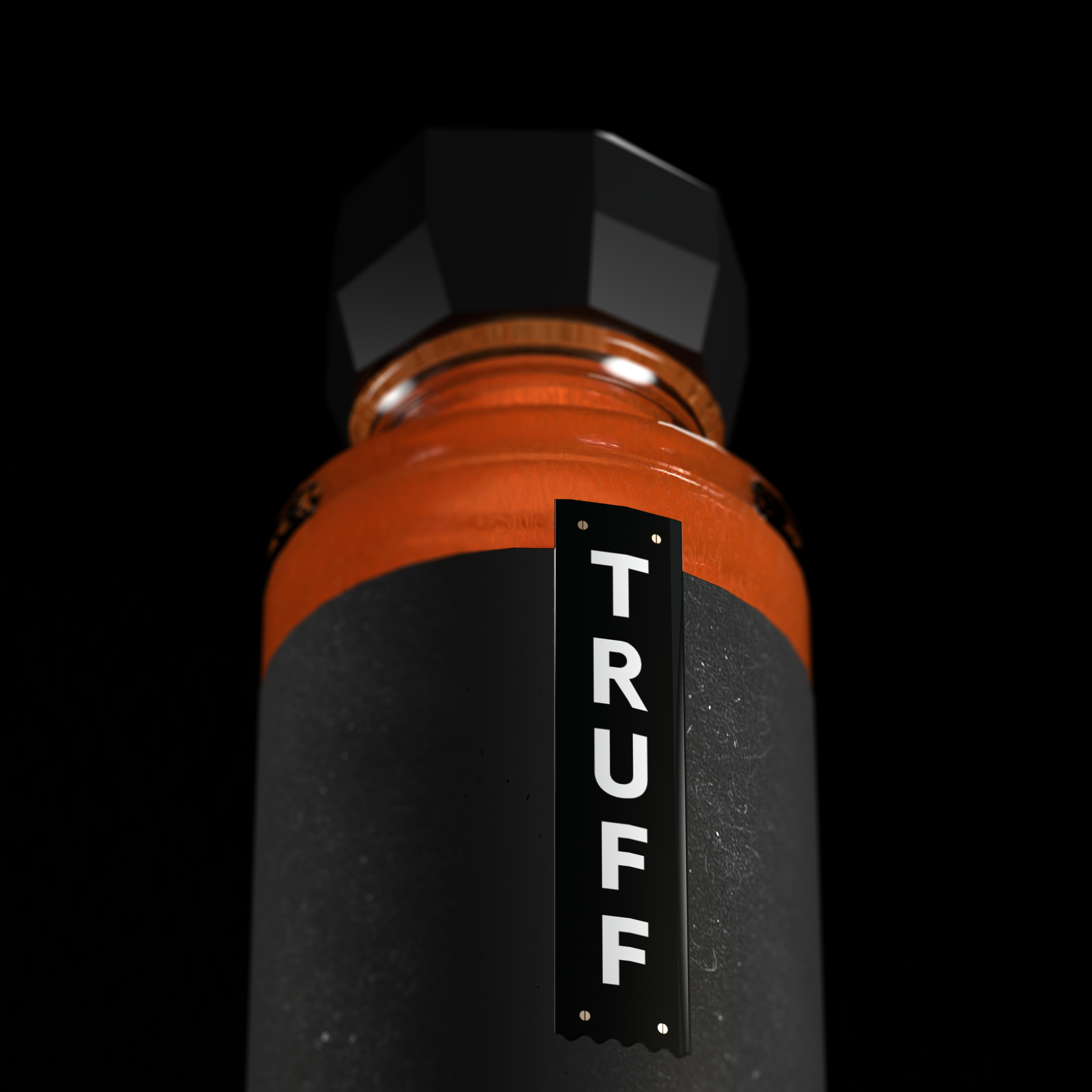 Close-up of a supplement bottle with a black cap, an orange body, and a black label with the word 'TRUFF' written vertically on it.