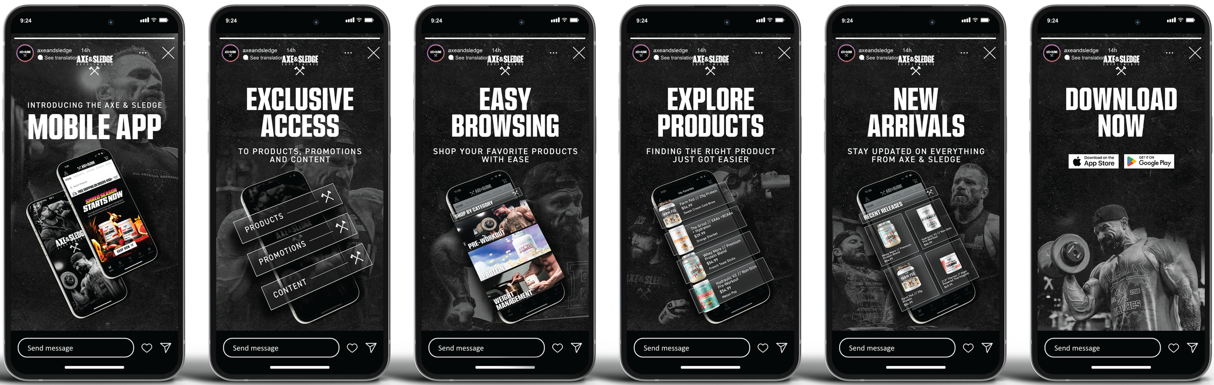 Series of five mobile phone screens displaying the Axe & Sledge mobile app features, including mobile app introduction, exclusive access, easy browsing, explore products, new arrivals, and download options.