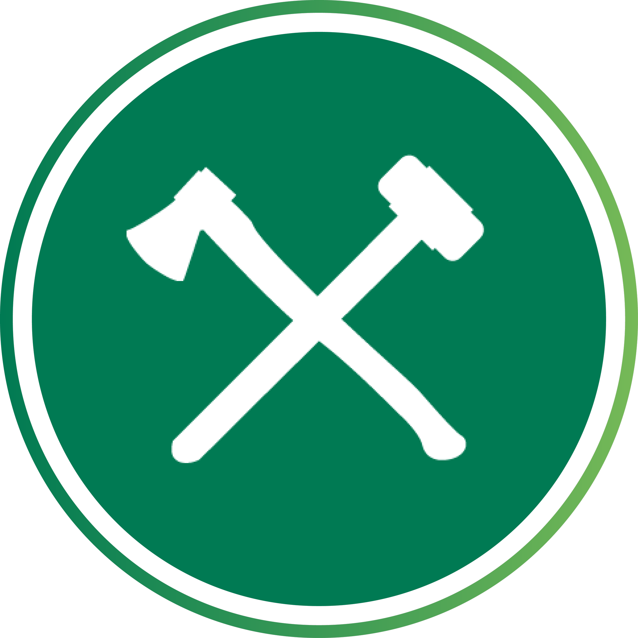 Icon of crossed hammer and axe inside a green circle on a black background.