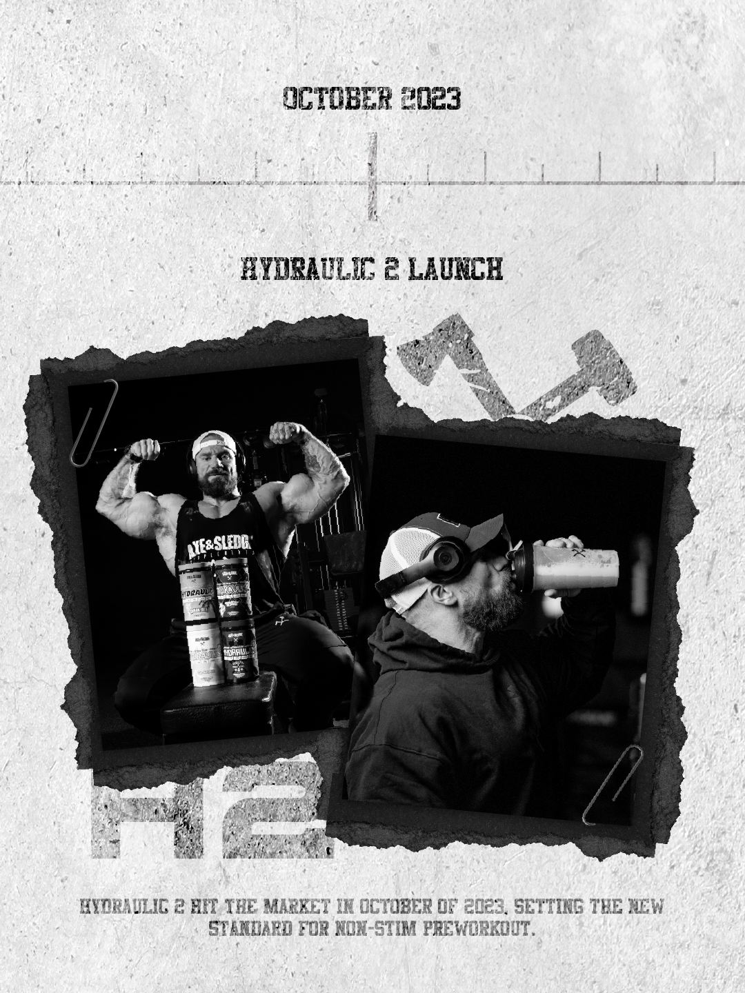 A promotional poster for Hydraulic 2 launch in October 2023, featuring black and white photos of a muscular man flexing and a man drinking from a tumbler, with text informing about the product's new standard.