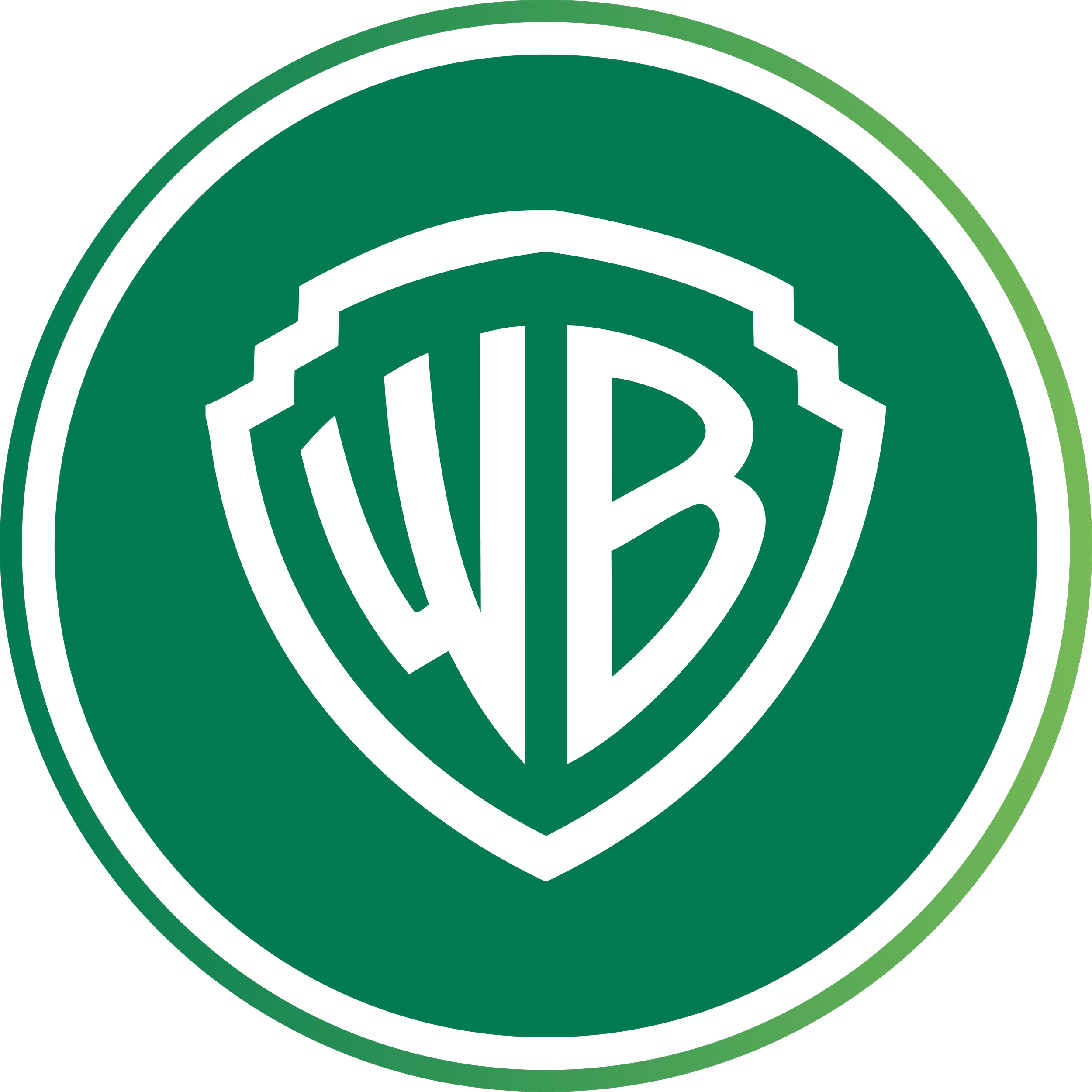 Warner Bros. logo with green circular background and white shield emblem containing the letters WB.