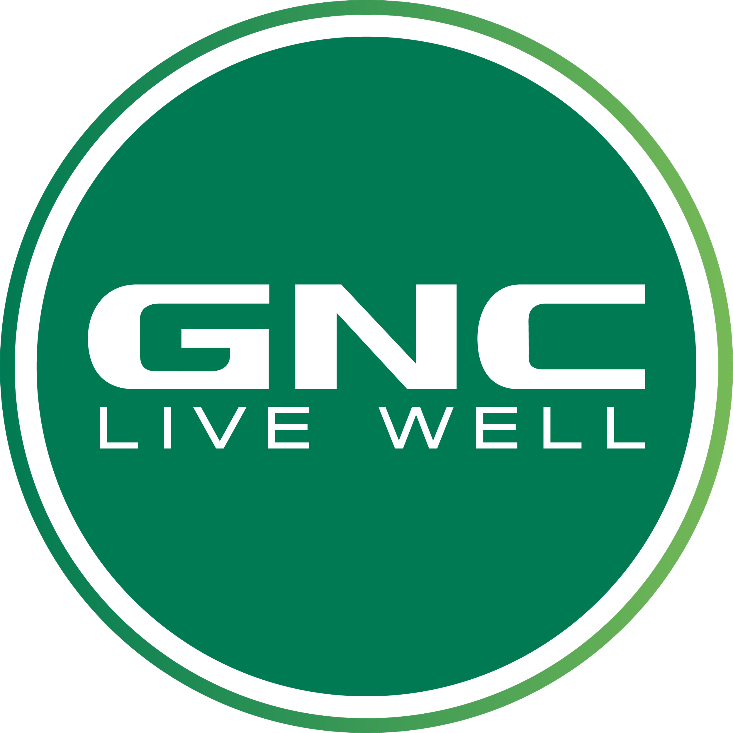 GNC logo with the slogan 'Live Well' on a green circular background.