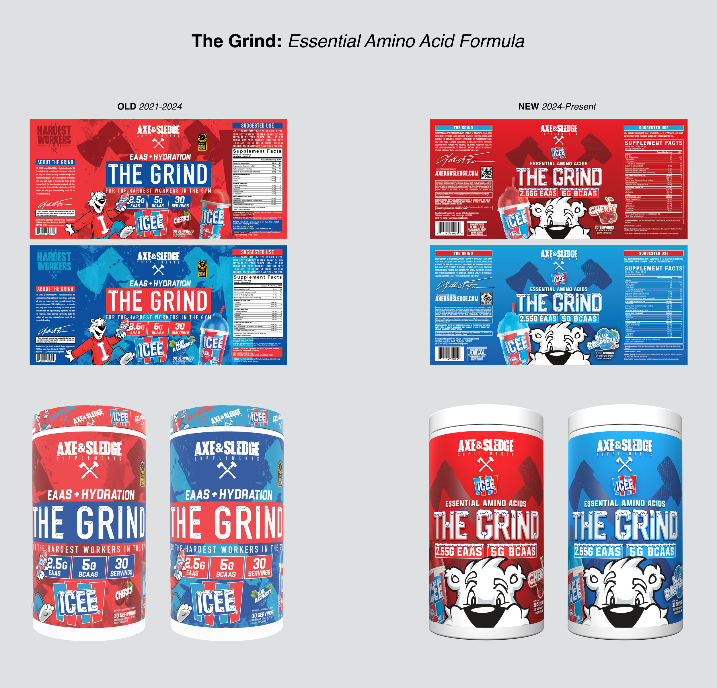 Comparative image showing previous and current packaging for 'The Grind' supplement by Axe & Sledge, with different flavors and label designs, including cans and boxes.