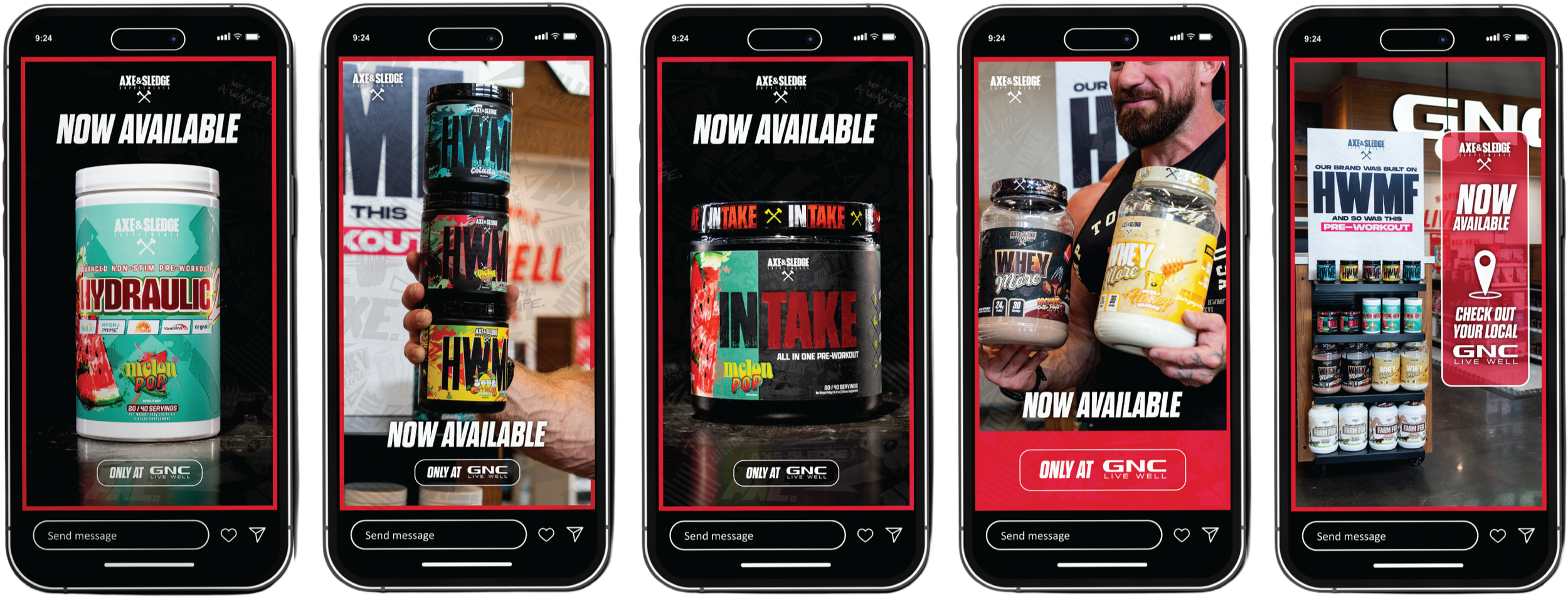 Array of five Instagram story screens advertising new Axe & Sledge supplements available only at GNC, including Hydra-lic, HWMs, Intake Melon Pop, whey protein, and other products, with store and website information.