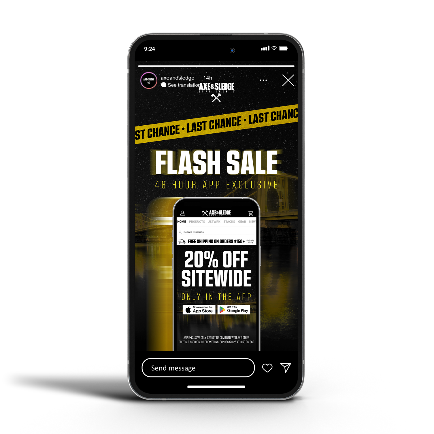 Smartphone displaying a promotional digital advertisement for AXE & SLEDGE, featuring a flash sale with 20% off sitewide, available only through the app, with an underwater night scene background.