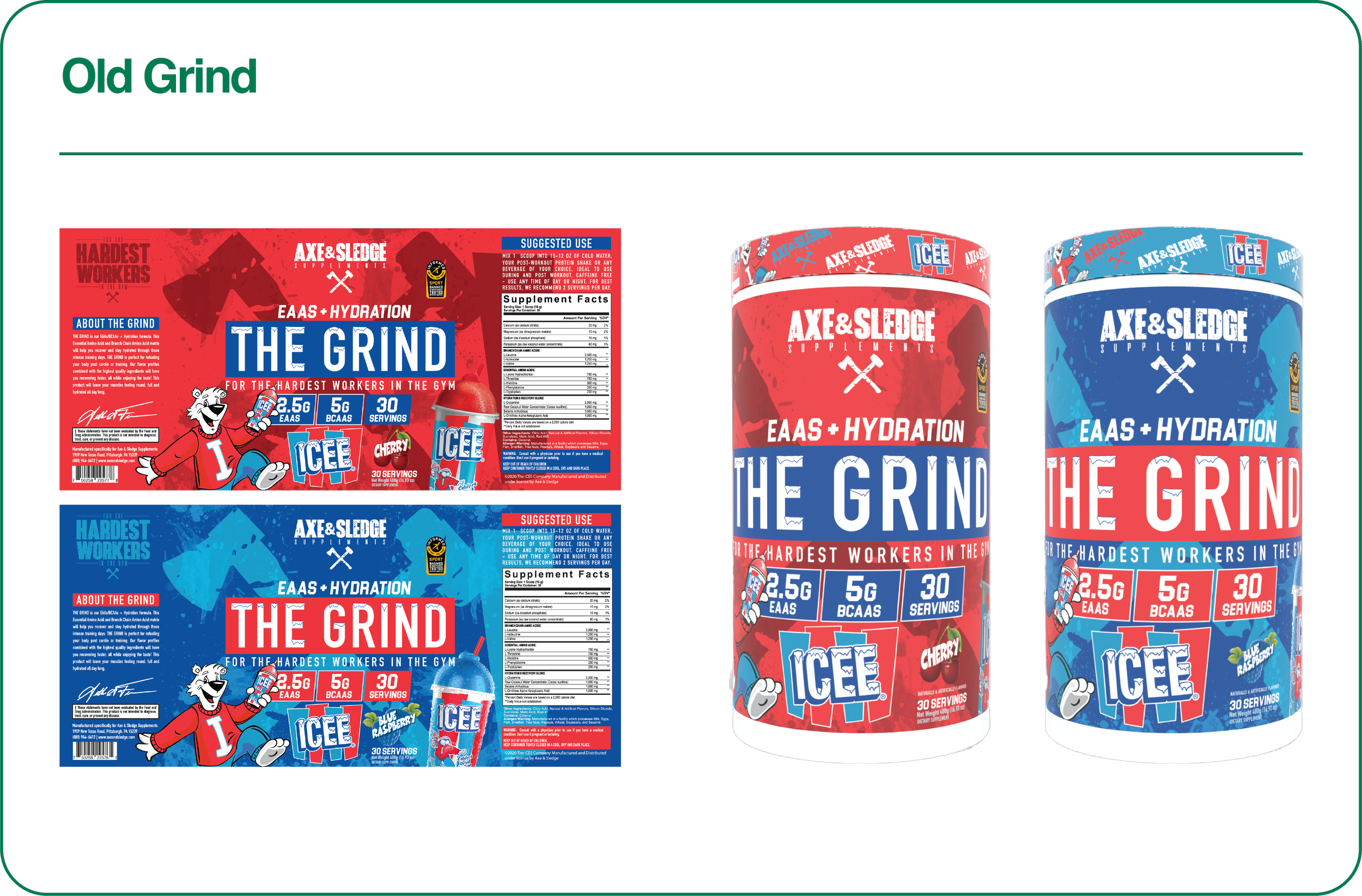 Image of two containers and their packaging for Axe & Sledge's The Grind supplement, with one container and wrapping showing a red theme and the other a blue theme, highlighting flavor options and product information.