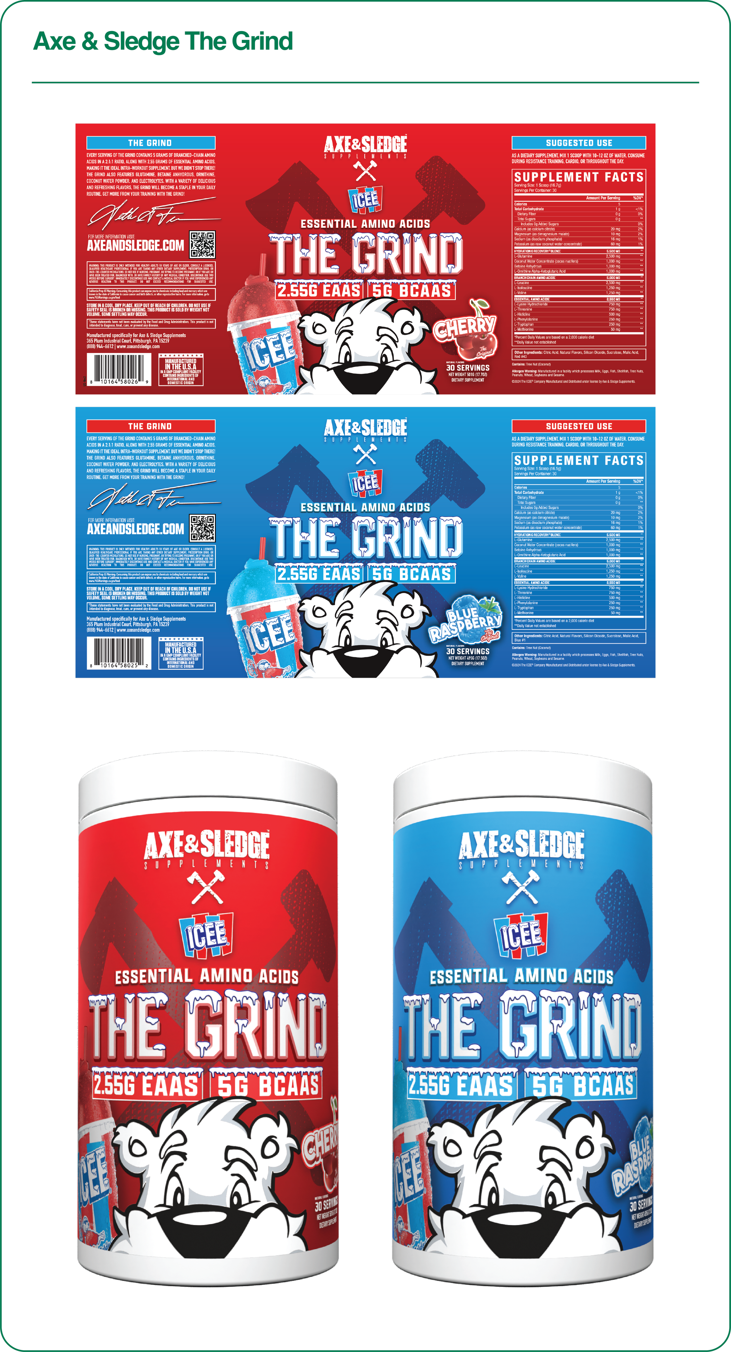Two containers of Axe & Sledge supplement powders, one red and one blue, with labels displaying the product name 'The Grind' and featuring a cartoon white bear, with additional text about ingredients and flavor (cherry and blue raspberry).