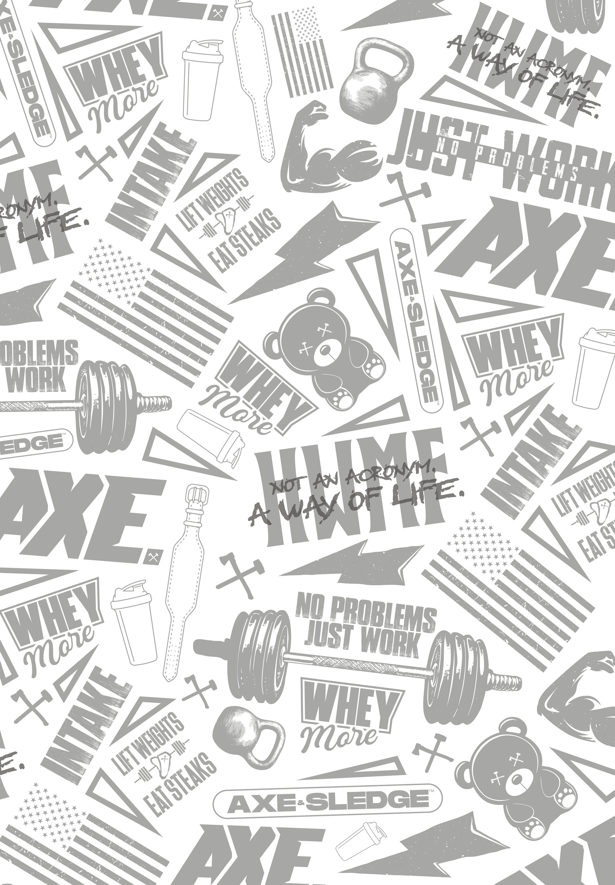 A collage of fitness and motivational themed graphics in grayscale, including kettlebell, dumbbell, syringe, teddy bear, shaker, lightning bolts, American flag, motivational quotes, and brand logos.