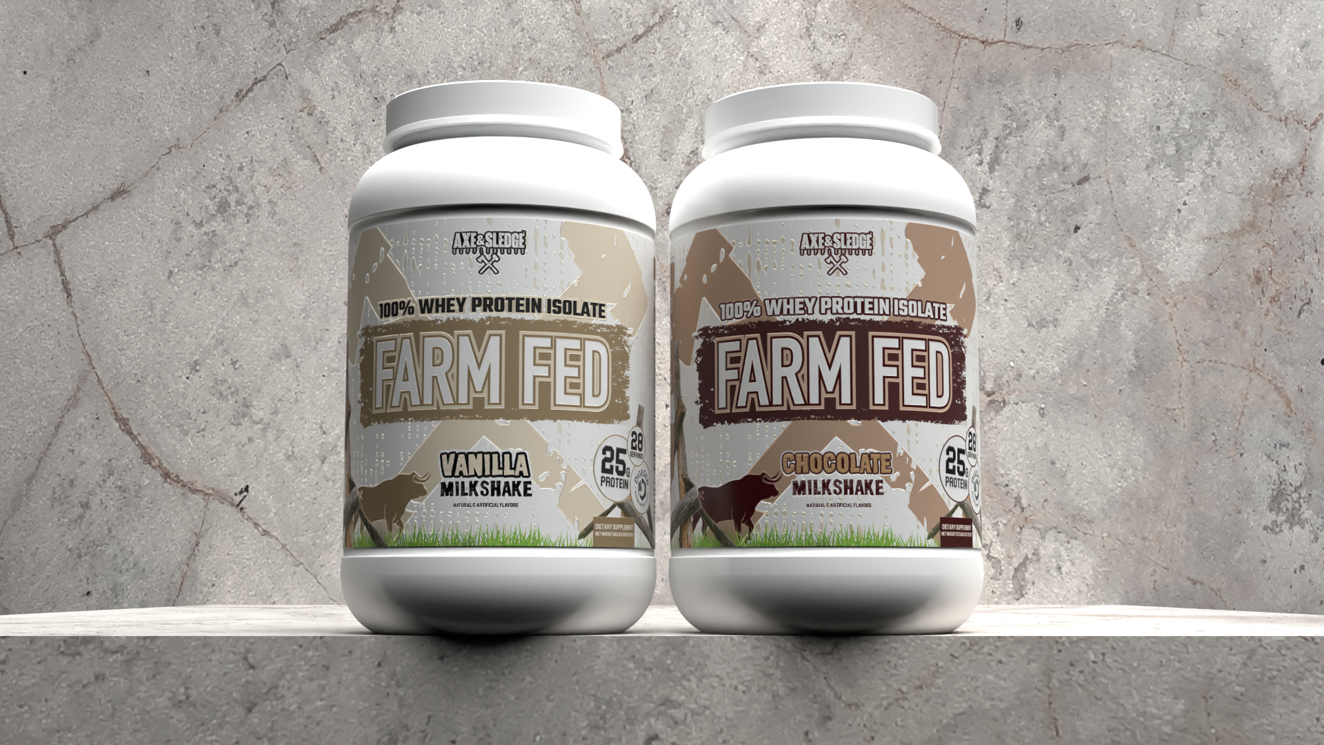 Two containers of Farm Fed whey protein isolate powder on a gray textured surface. The left container is vanilla flavored, and the right is chocolate flavored.