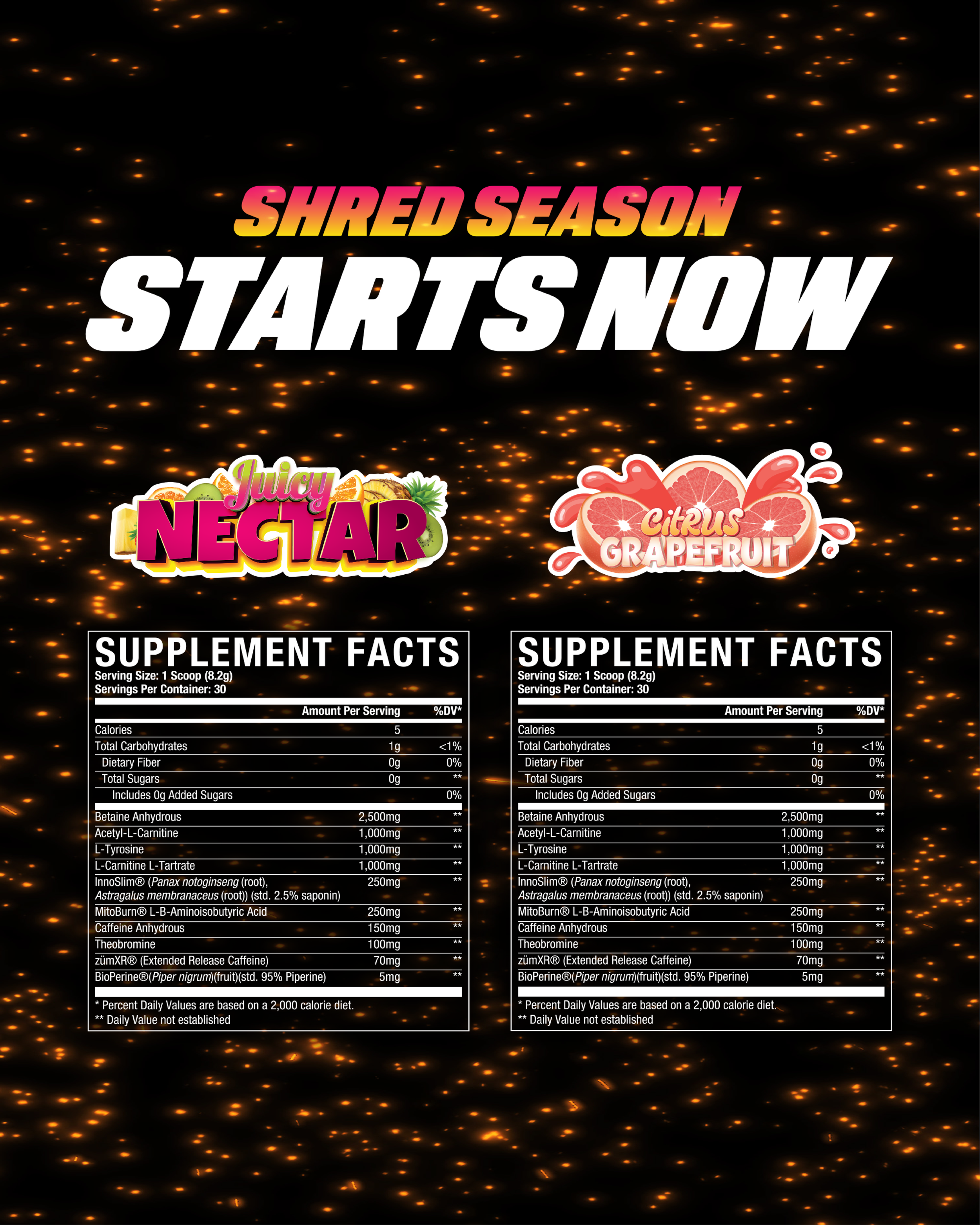 Image promoting a product called 'Shred Season' that starts now, with flavor options Juicy Nectar and Citrus Grapefruit. The image includes supplement facts labels with nutritional information and ingredients, set against a black background with orange glowing light effects.
