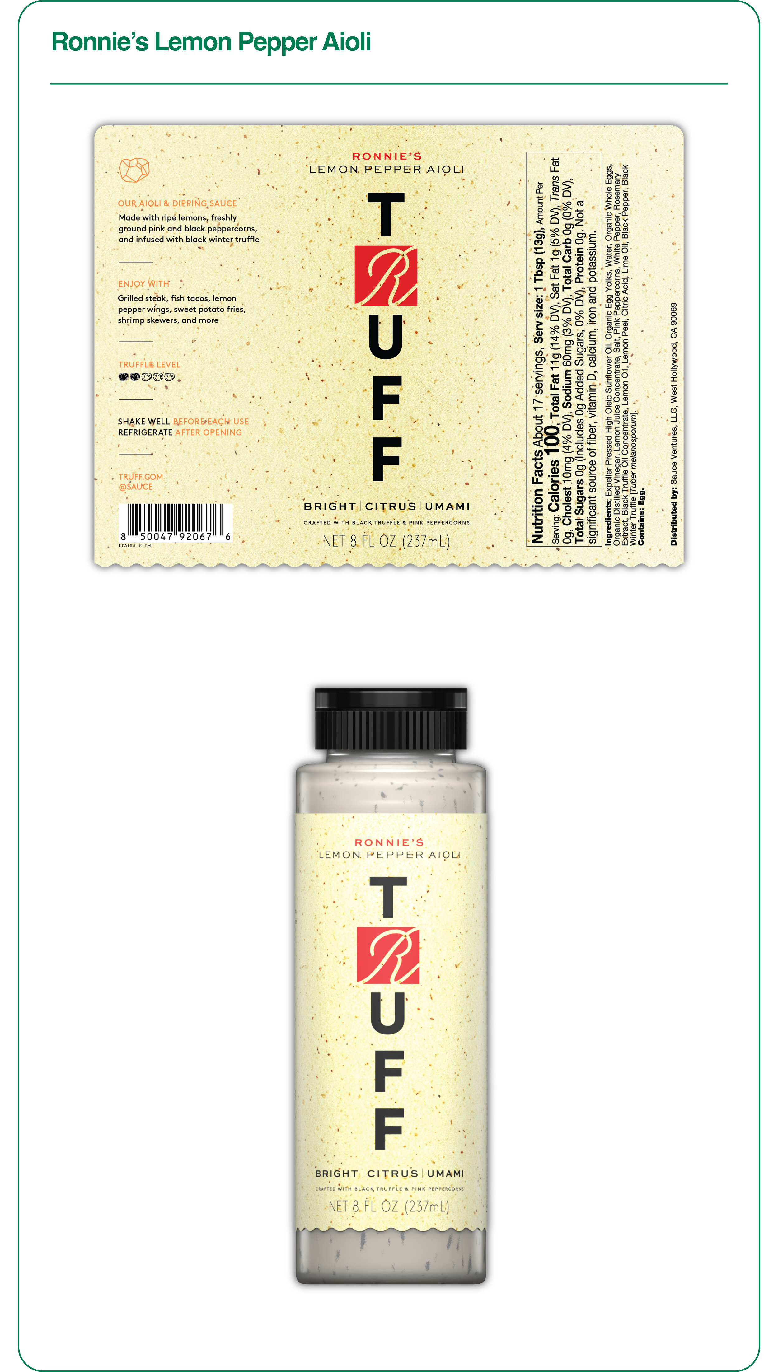 A label on a bottle of Ronnie's Lemon Pepper Aioli, featuring the product name and ingredients, with a green and beige color scheme, and a barcode at the bottom left.