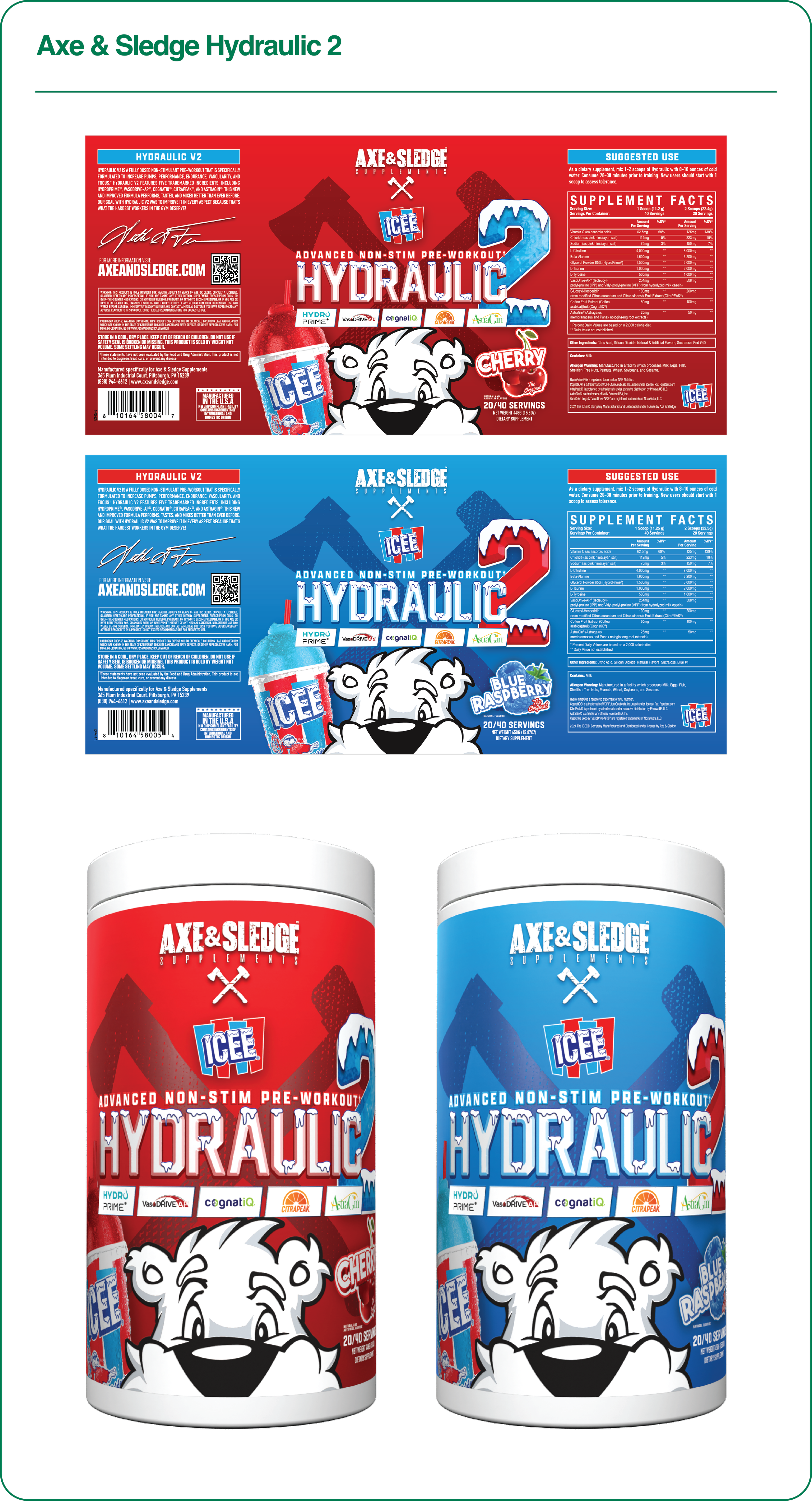 Packaging of Axe & Sledge Hydracolic 2 supplement, featuring red and blue containers with a white bear mascot, crossed axe and sledgehammer, and mountain graphics.