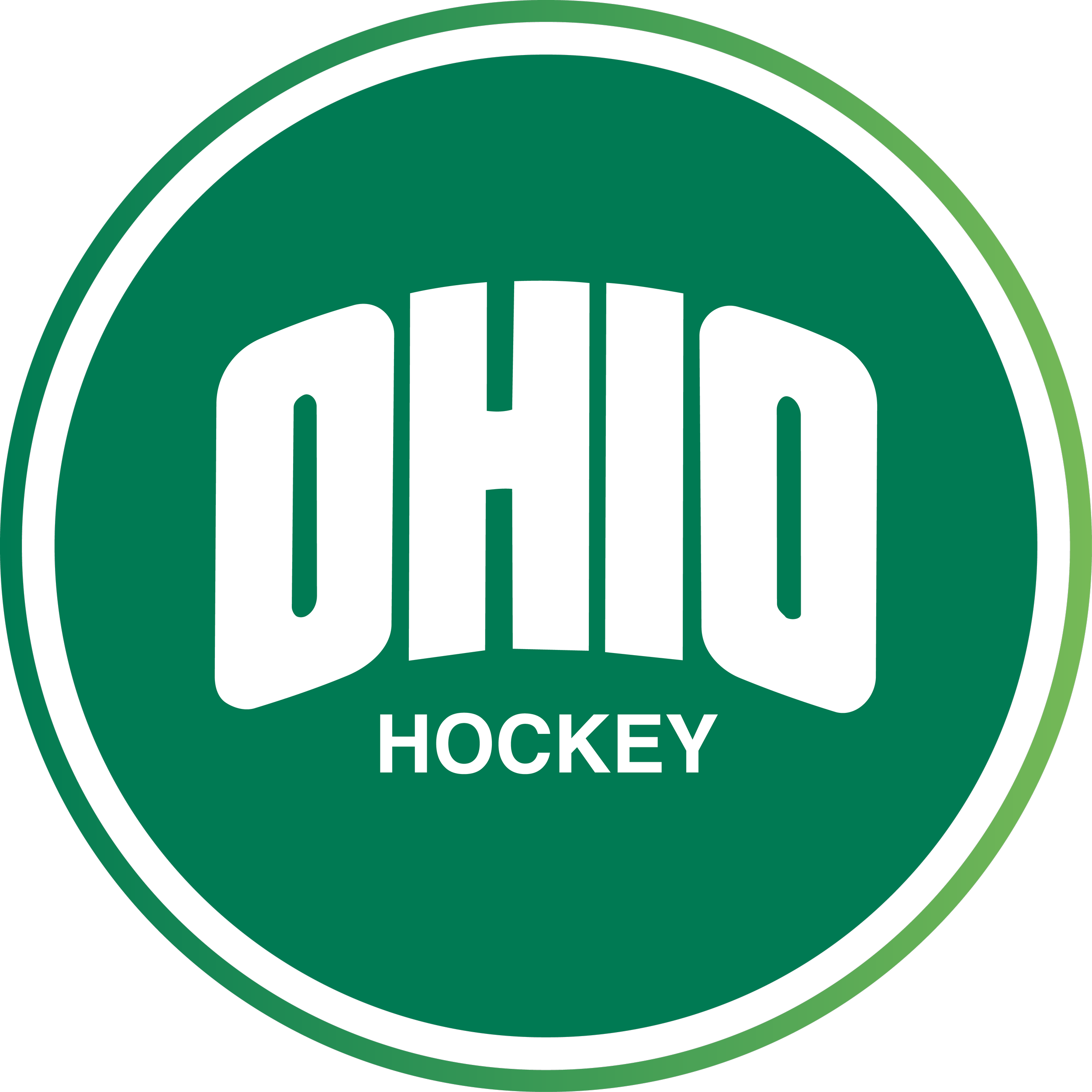 Logo of Ohio Hockey featuring the word 'OHIO' in bold white letters with the word 'HOCKEY' underneath on a green circular background.