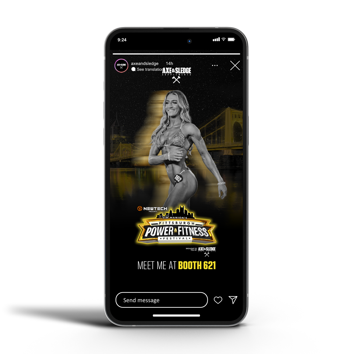 A promotional image for the Pittsburgh Power & Fitness Festival featuring a female bodybuilder in competition attire, smiling, with a nighttime cityscape and bridge in the background. The event is presented by Newtech and hosted by Jim Manion, with details to meet at booth 621.