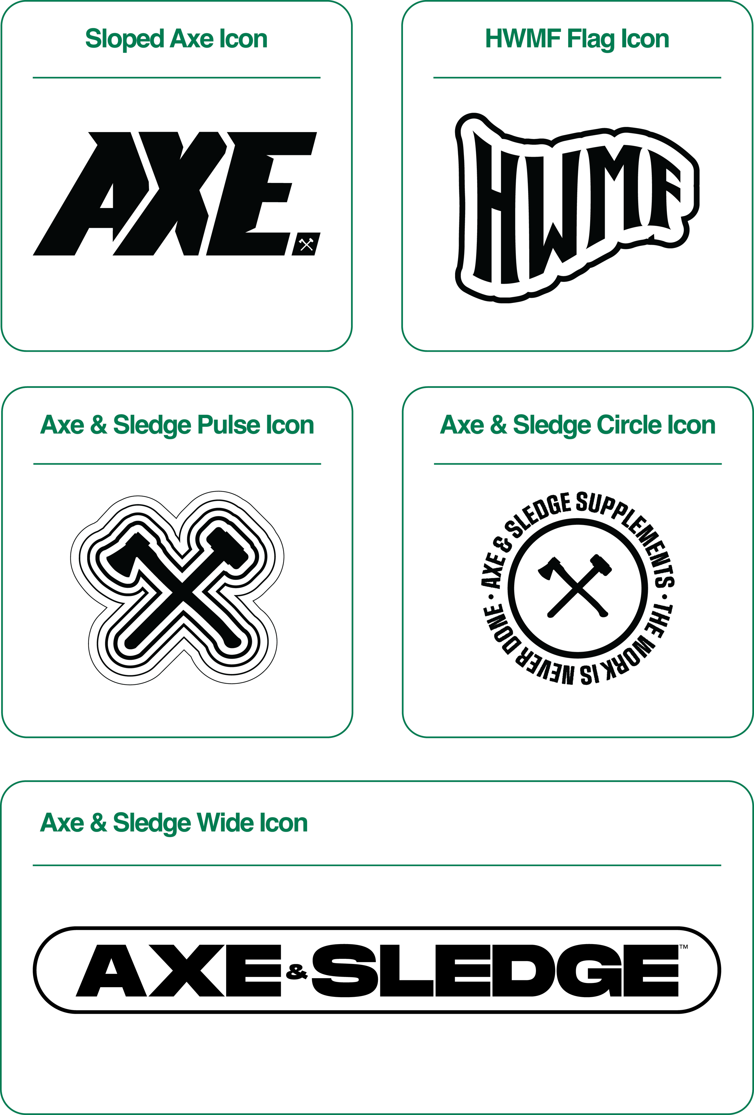 A grid displaying five icons related to axes and sledgehammers. The icons are titled 'Sloped Axe Icon,' 'HWMF Flag Icon,' 'Axe & Sledge Pulse Icon,' 'Axe & Sledge Circle Icon,' and 'Axe & Sledge Wide Icon.'