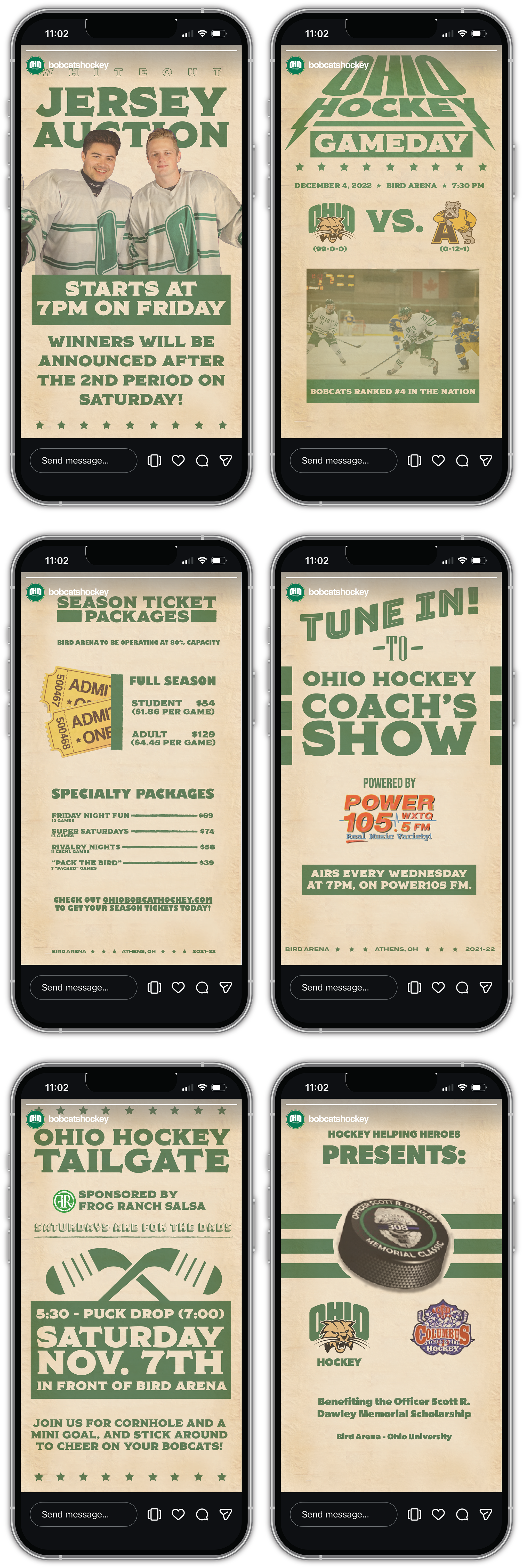 Six mobile screens displaying various Ohio Hockey promotional posters. The posters include information about jerseys, game day event, season tickets, a coach's show, a tailgate event, and a charity present event, all related to Ohio Hockey and Ohio University.