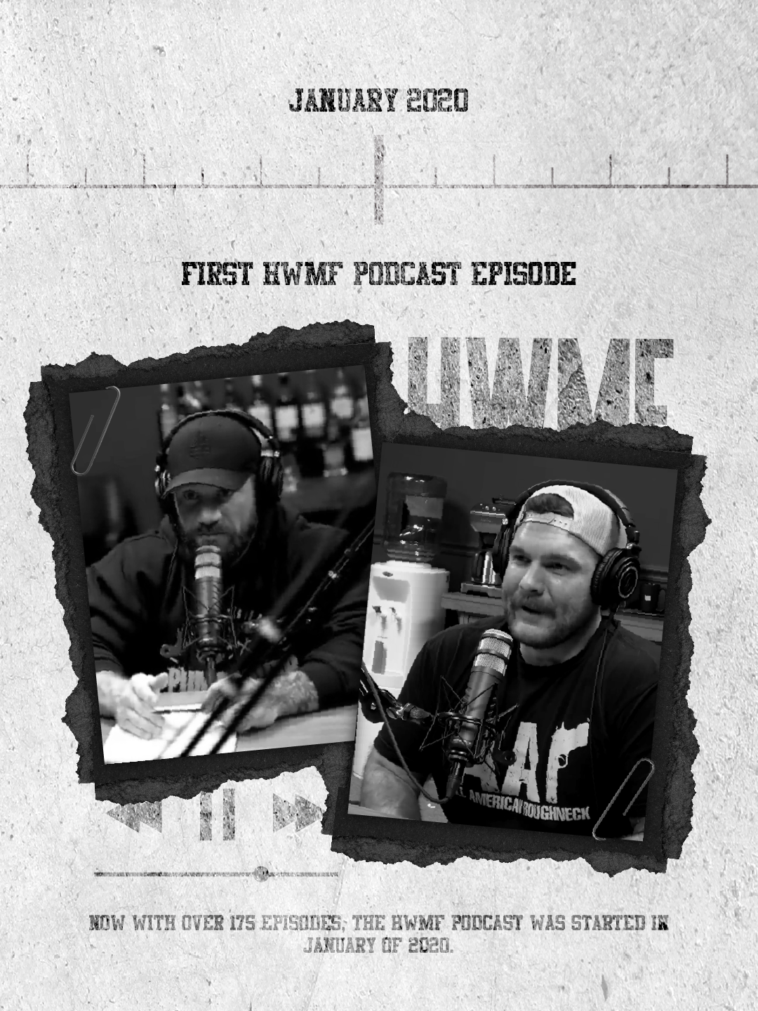 Black and white collage of two men speaking into microphones during a podcast recording, with text indicating January 2020 and the start of the HWMF podcast in January 2020.