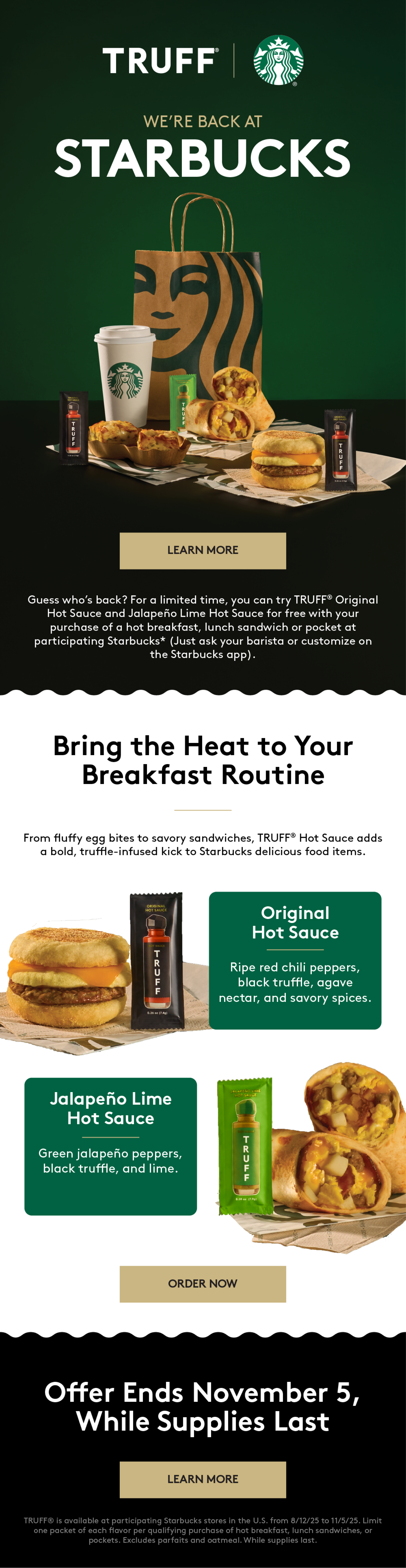 A promotional digital poster for Starbucks featuring TRUFF hot sauces. The poster highlights an offer for free TRUFF Original Hot Sauce and Jalapeño Lime Hot Sauce with certain Starbucks purchases, with a message encouraging breakfast routines. It displays images of breakfast sandwiches, hot sauces, a coffee cup, and a Starbucks shopping bag, with details about the products and offer expiration date.