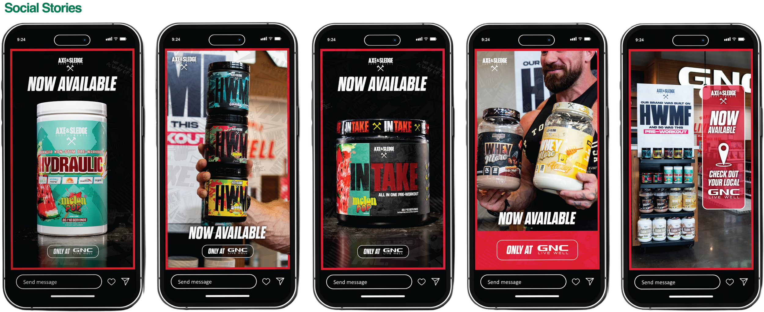 Series of five social media advertisements on smartphone screens showcasing muscle building supplements, with products like Hydraulics, HWM, InTake, and WHEY, labeled as available only at GNC, with a retail display of various supplement bottles in the background.