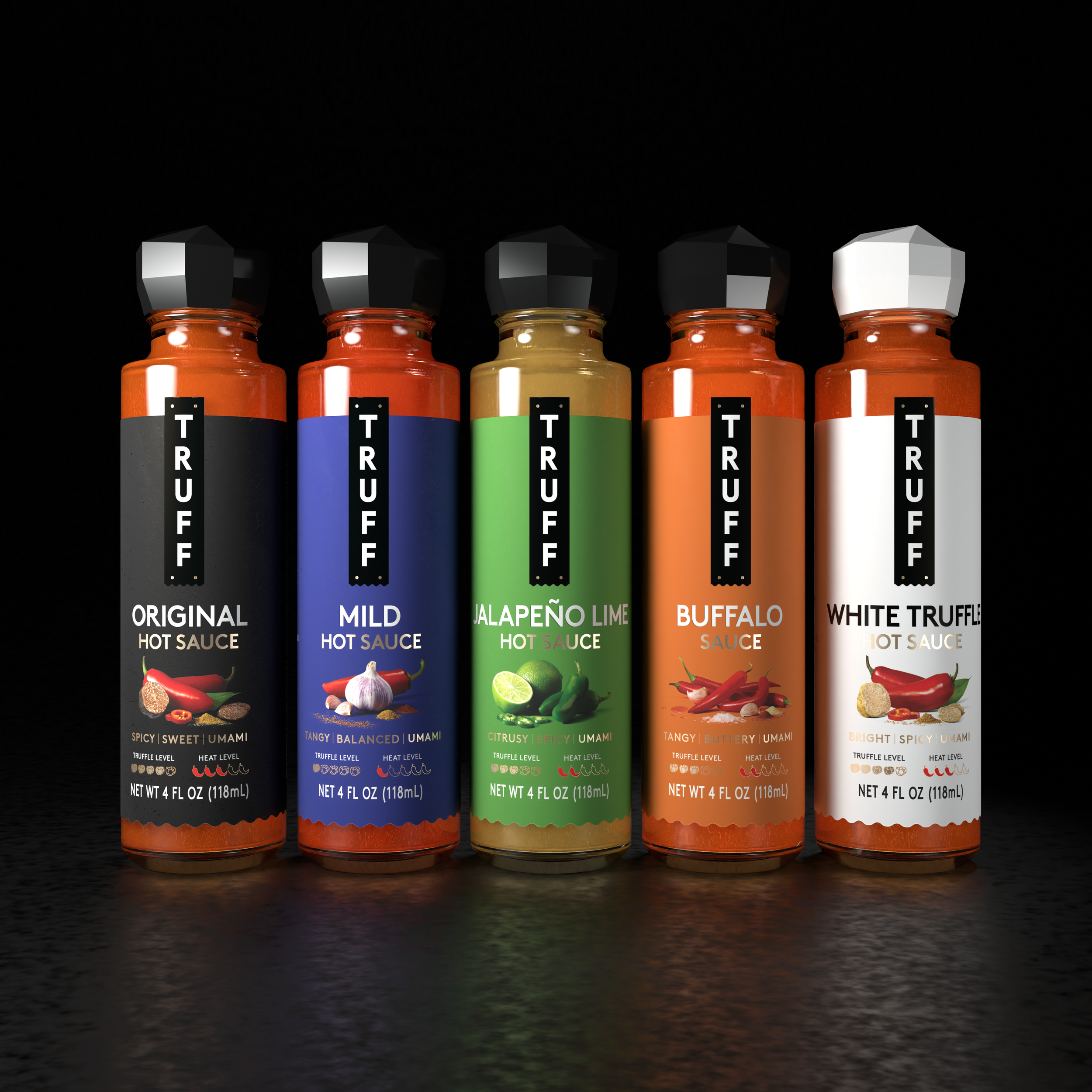 Five bottles of Truff hot sauce arranged in a row against a black background, each with distinct labeled colors and flavors.