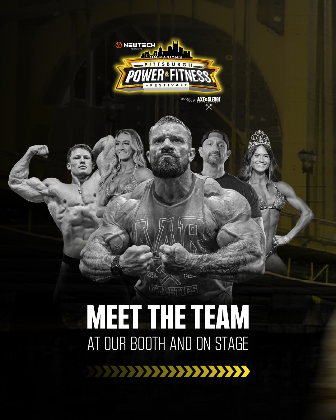 Promotional poster for Pittsburgh Power & Fitness Festival featuring five muscular individuals, including a man in a sleeveless shirt with a beard in center, a shirtless man flexing, two women in bikinis, and a man with a cap. The background includes a cityscape outline and the event details.