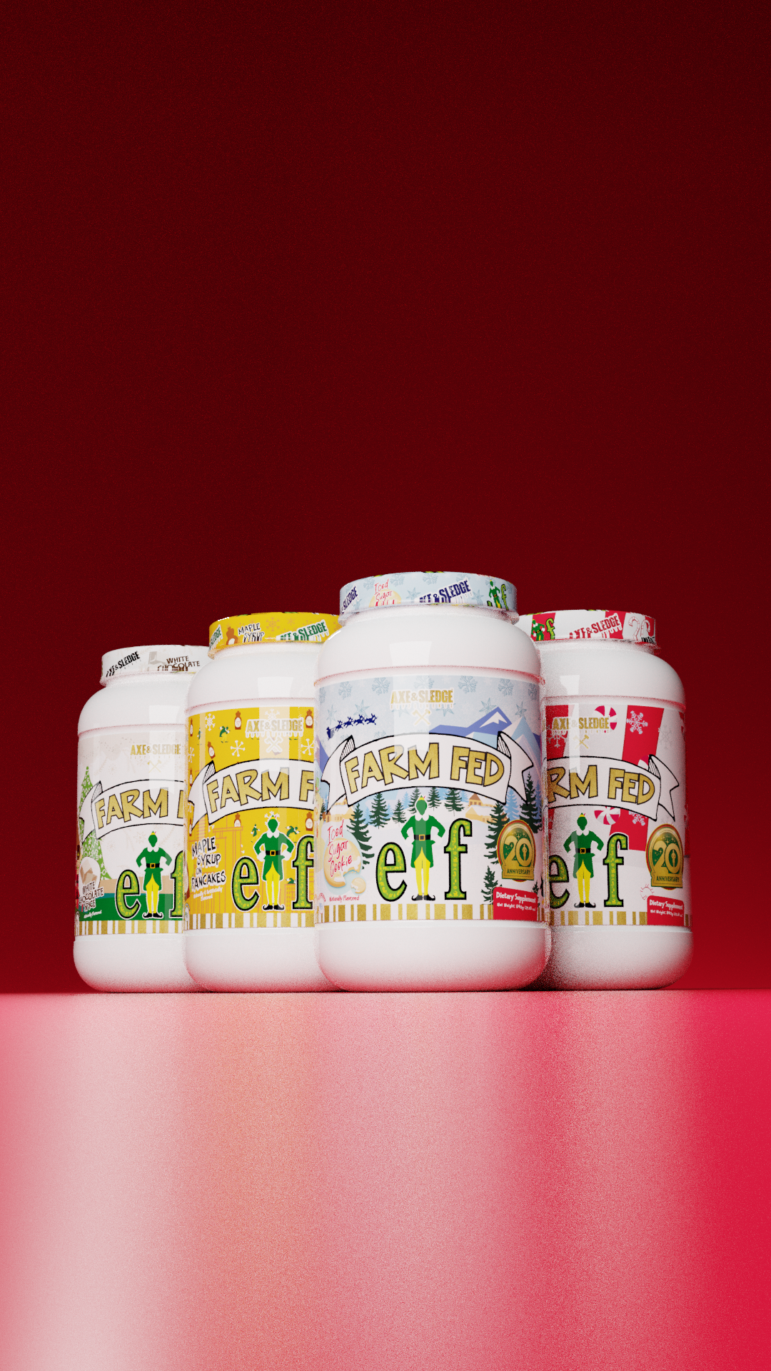 Four jars of Elf brand candy or snack products displayed on a pink surface against a red background, with festive holiday-themed labels.