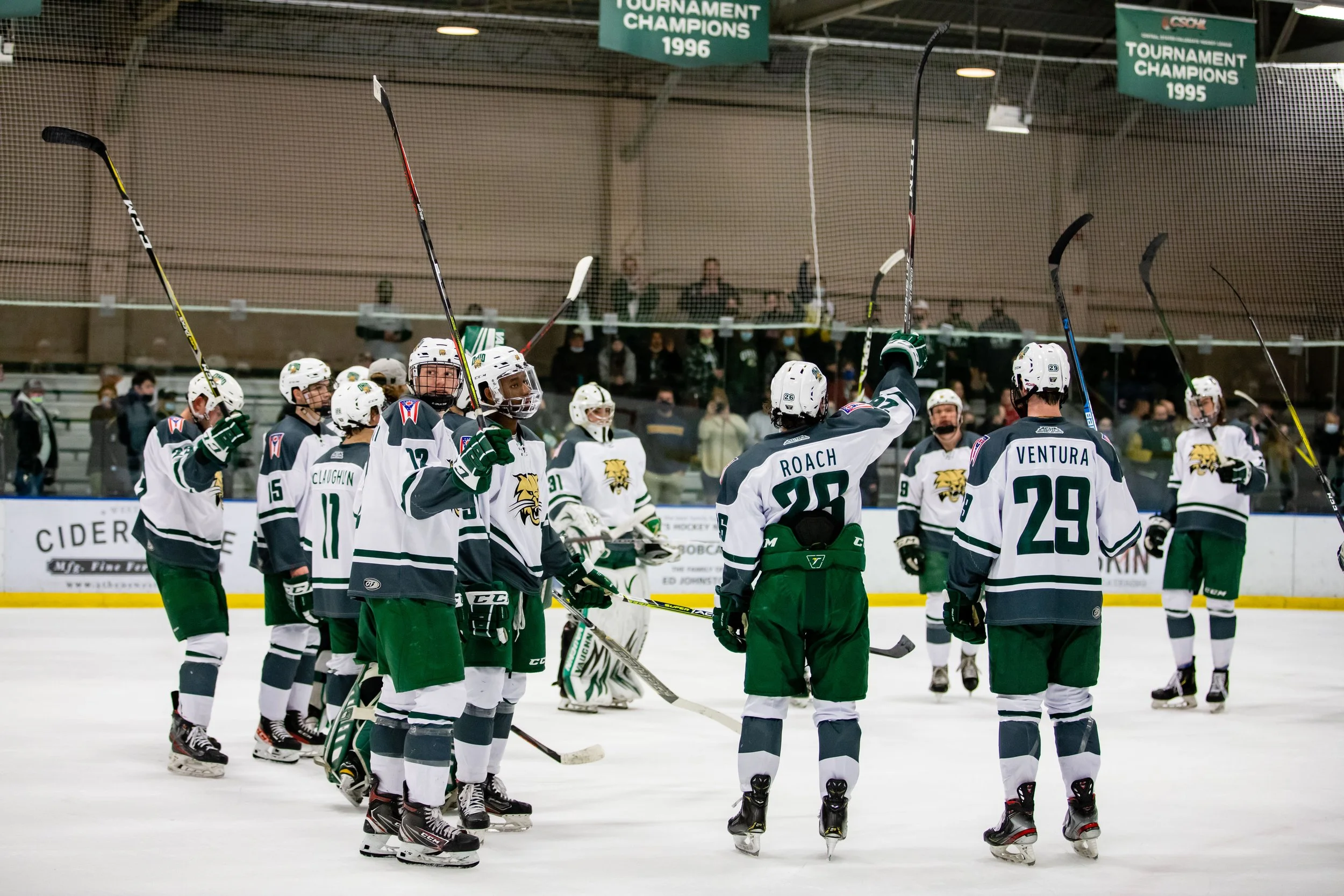 A group of ice hockey players in white and green uniforms celebrating on the ice rink, with some raising their hockey sticks in the air, and spectators watching from the stands behind them.